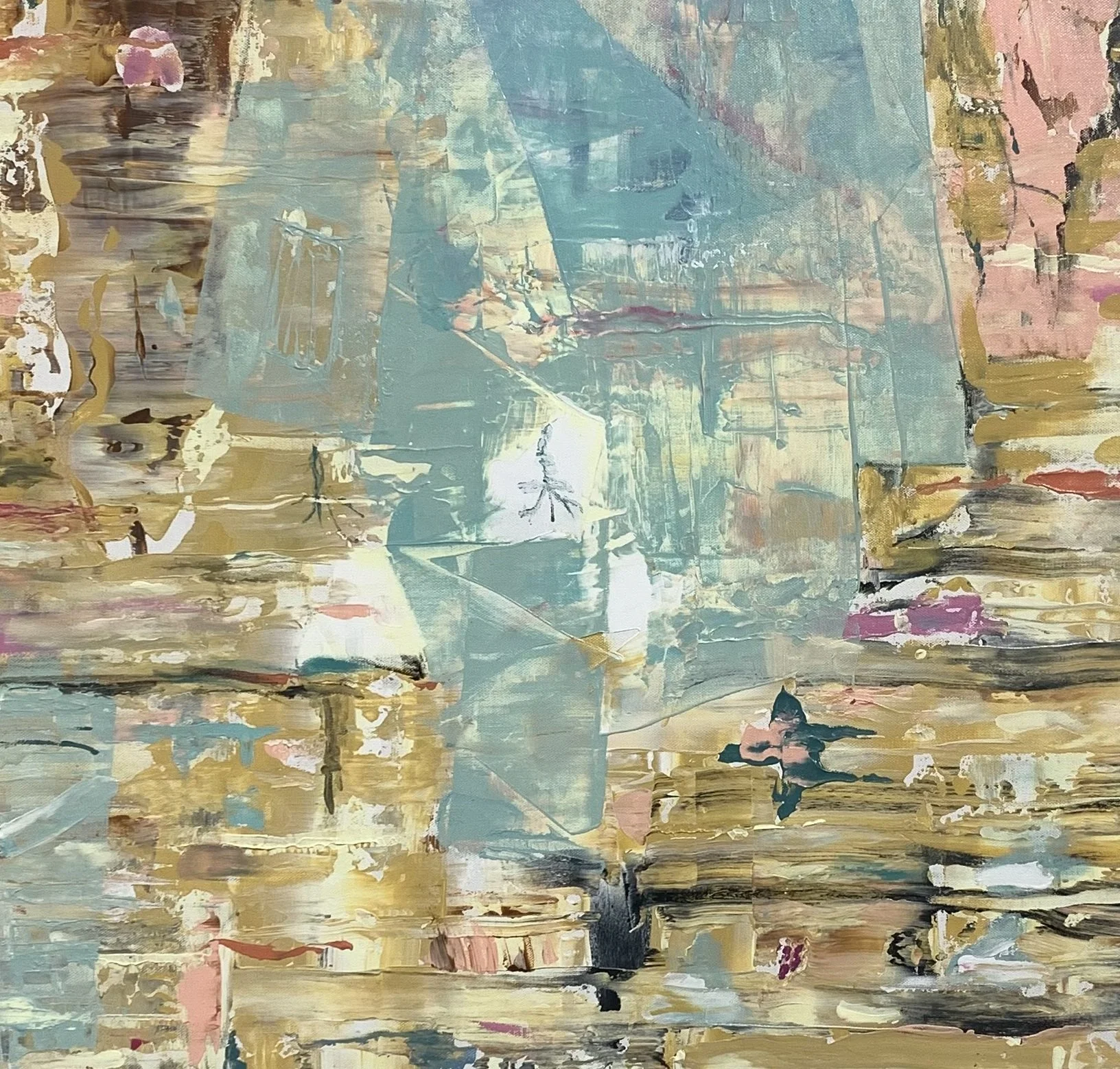 Center detail of New York Upside Down highlighting the translucent spring-green form representing Central Park surrounded by abstract architectural textures and layered urban reflections.