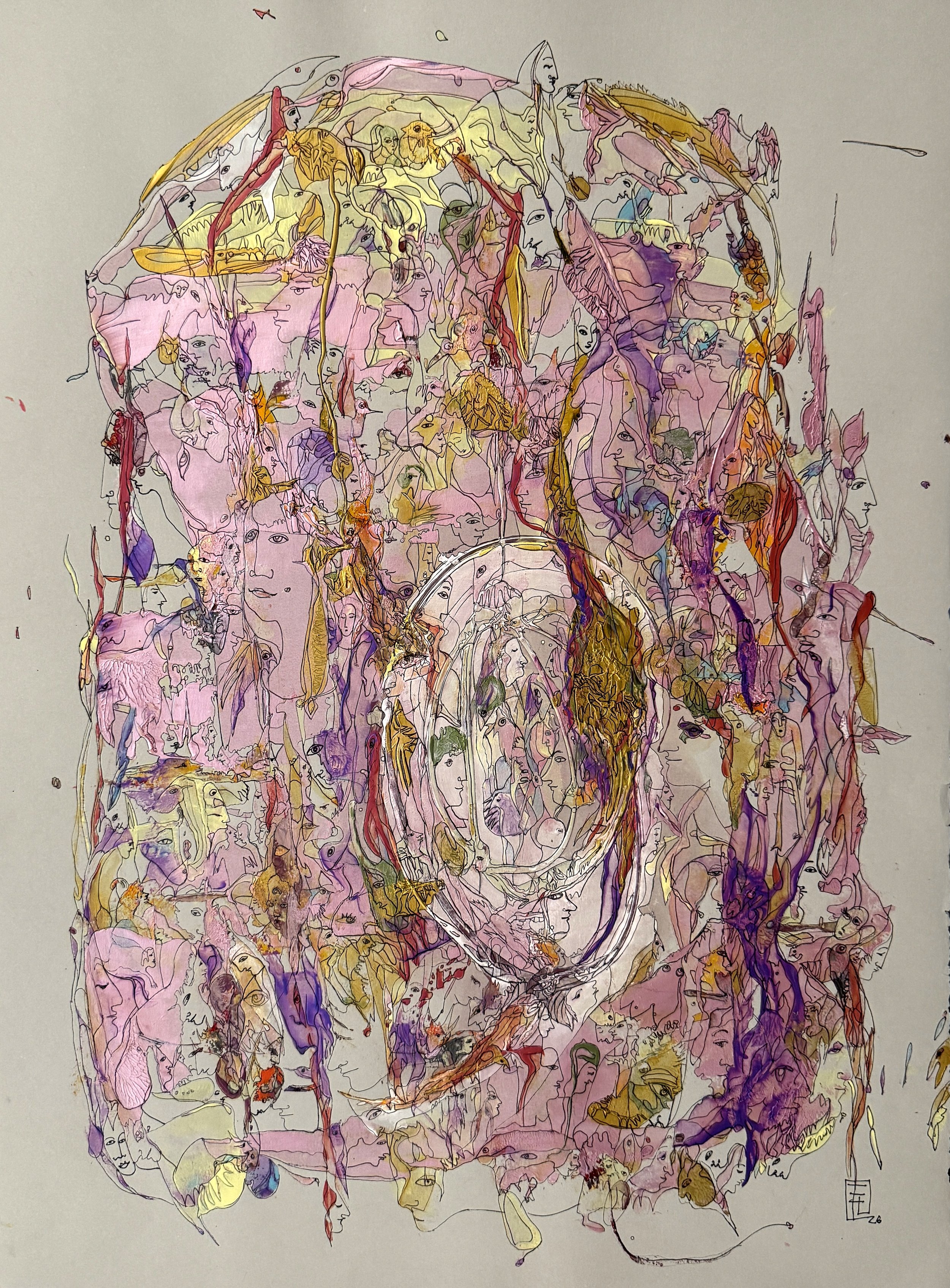 Melody by Yelena Lezhen, contemporary surreal portrait featuring hidden faces, birds, symbolic figures, and flowing pink, violet, and gold forms inspired by harmony and imagination.