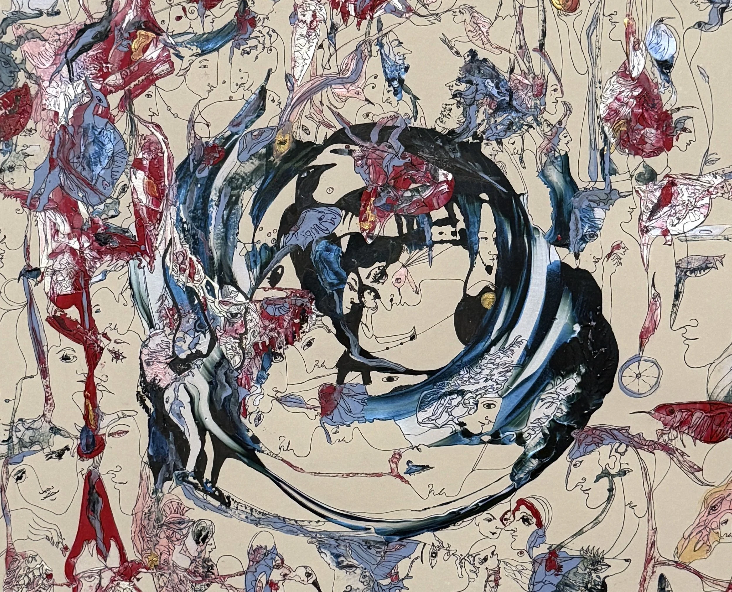 Center detail of Circle Without a Circumference (Haruki Murakami) showing a symbolic spiral surrounded by layered portraits, birds, and expressive acrylic and ink forms.