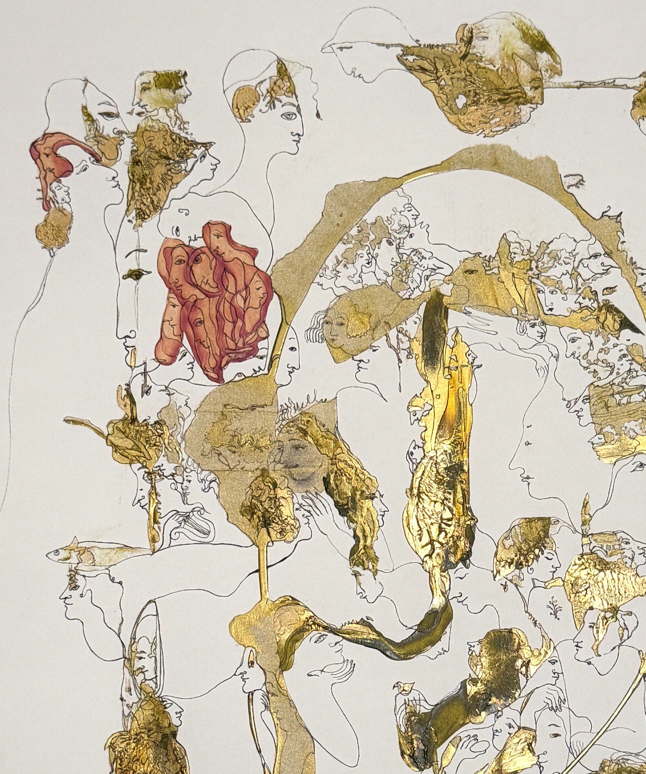 Upper left detail of The Golden Menagerie featuring symbolic portraits, birds, golden forms, and expressive surreal linework.