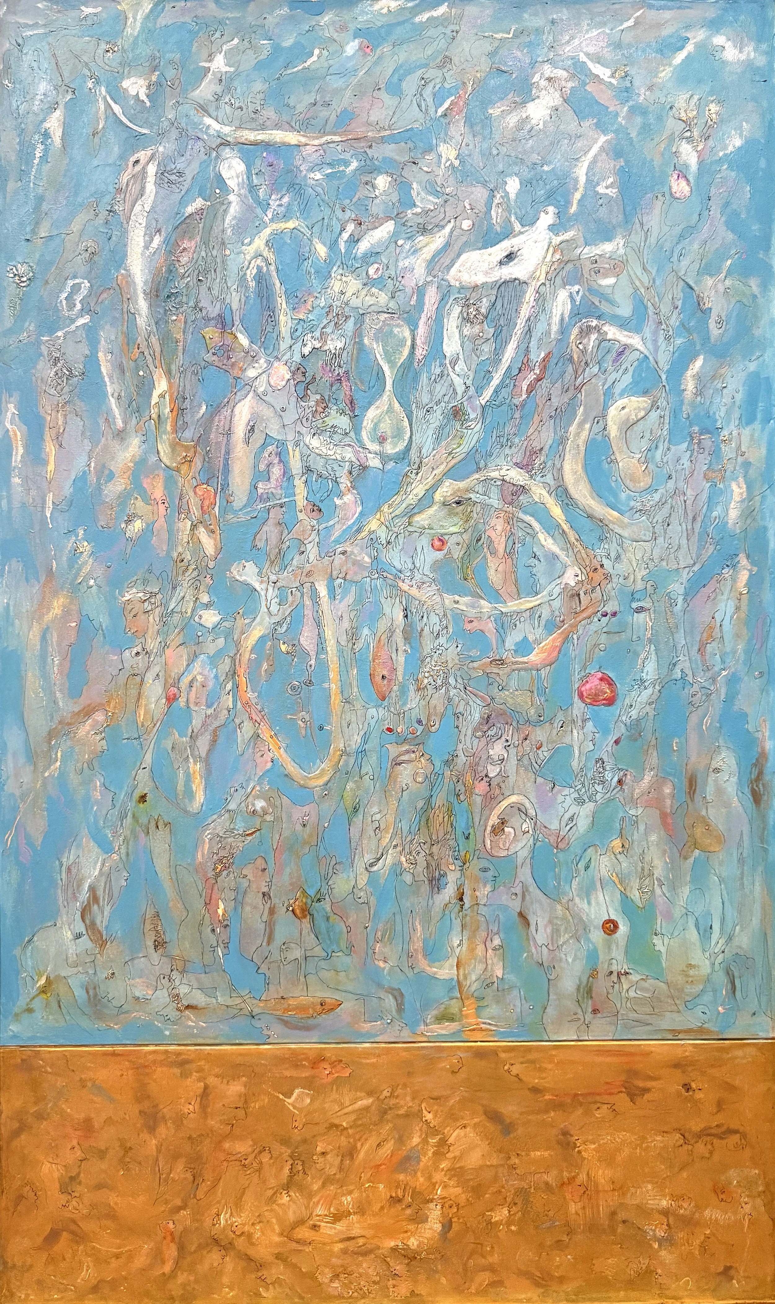 The Invisible River, large original abstract figurative acrylic and ink painting on canvas by Yelena Lezhen featuring symbolic faces, birds, fish, flowing blue forms, and dreamlike imagery.