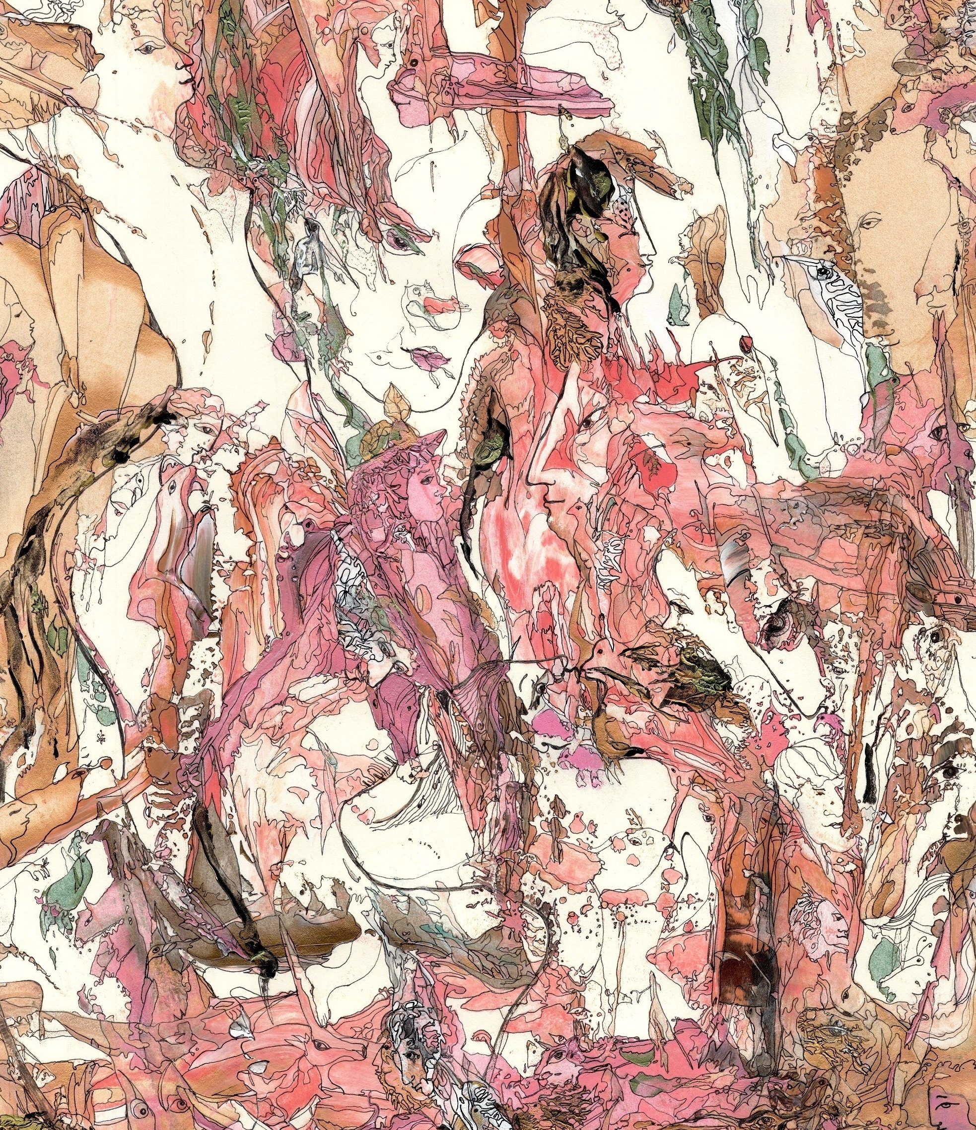 Center detail of Scheherazade Stories highlighting expressive portrait figures, symbolic forms, and intricate ink and acrylic textures.raits.jpg