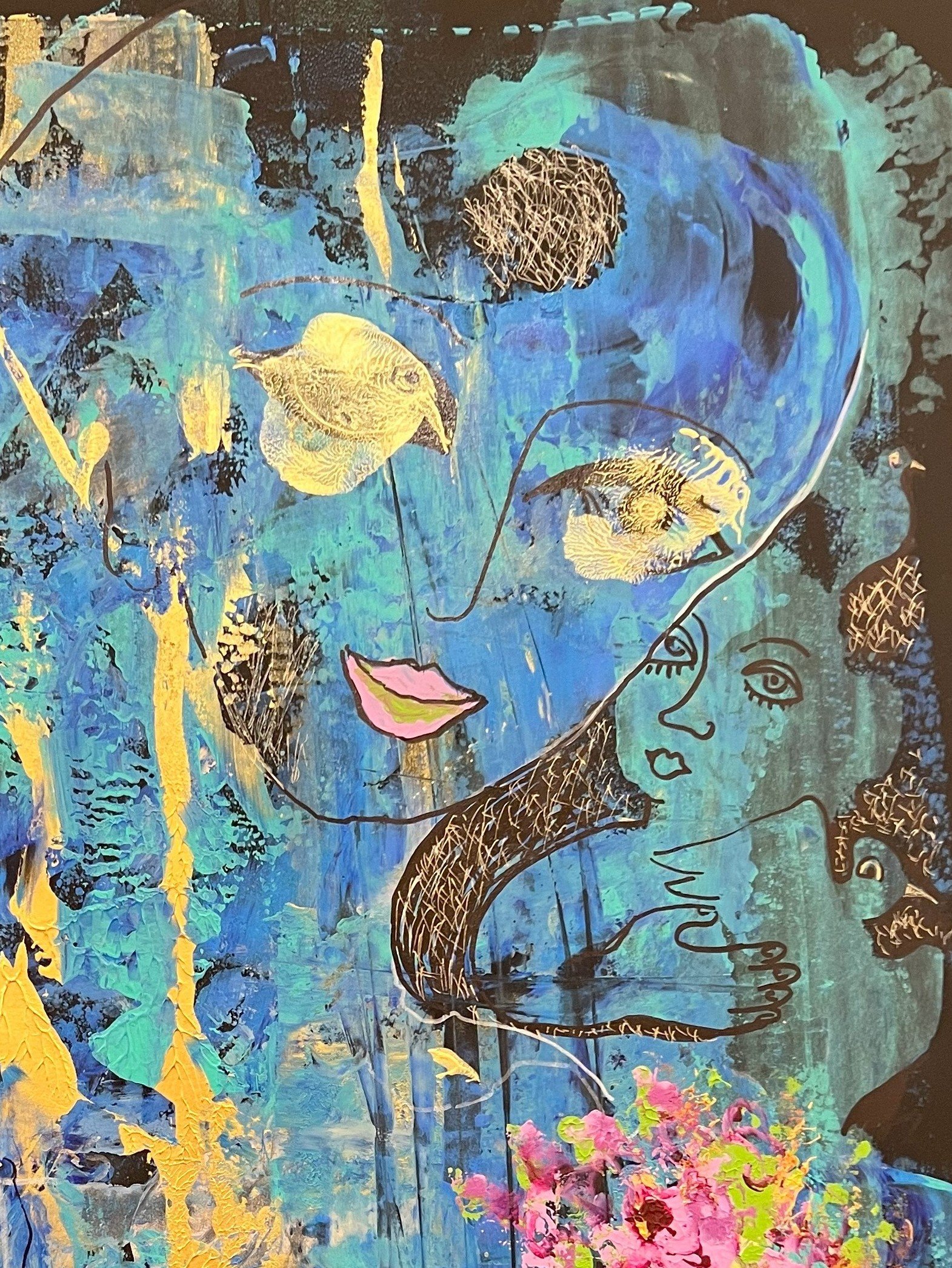 Top-right detail of Blue Madonna featuring a serene female portrait with birds, blue abstract forms, gold accents, and symbolic contemporary imagery.