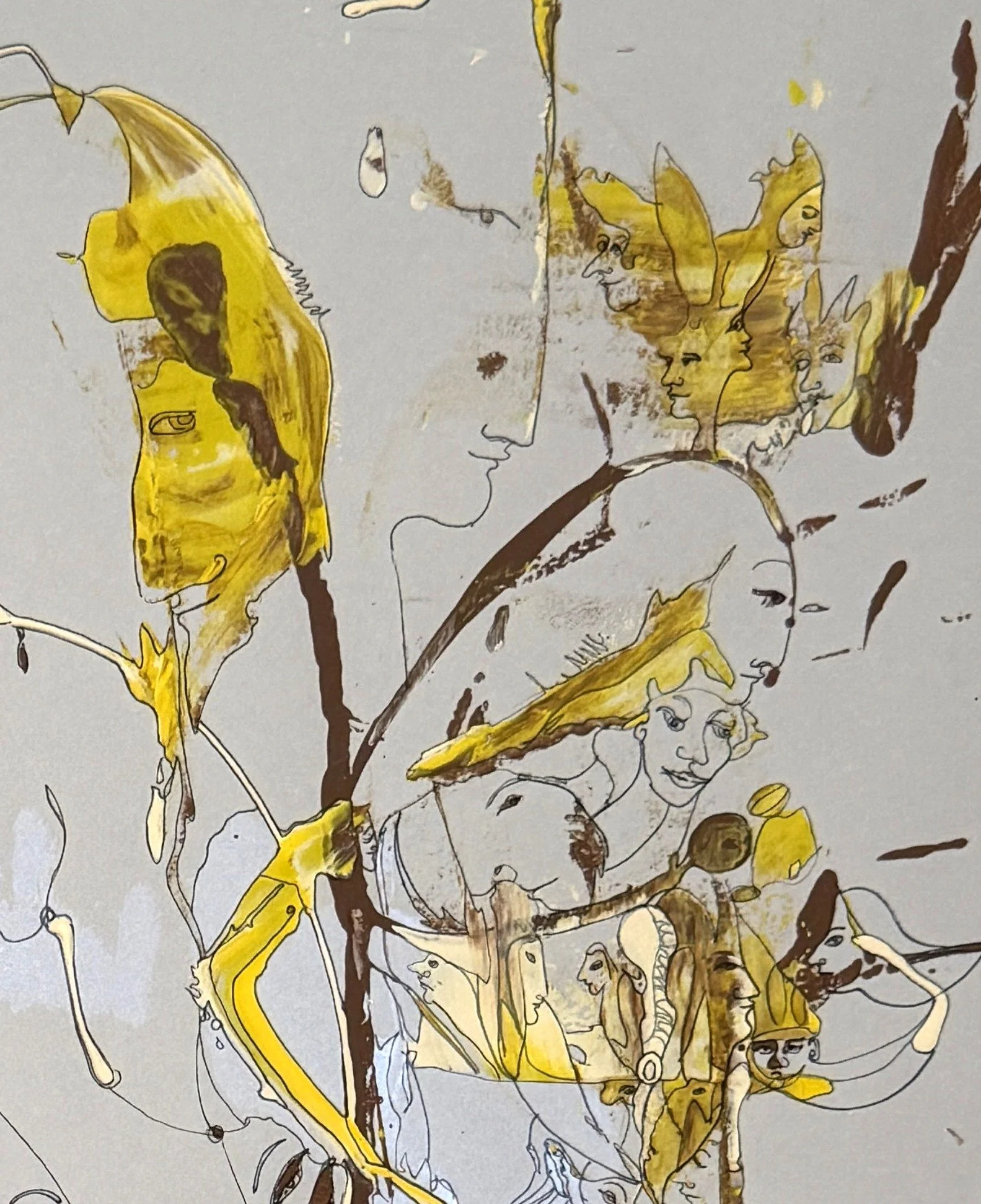 Upper right detail of The Architecture of Memory featuring symbolic portraits, surreal figures, golden abstract forms, and intricate ink drawing.