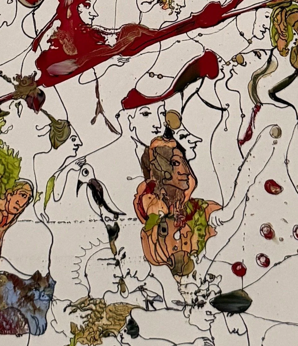 Lower center detail of Game highlighting expressive faces, birds, flowing ink lines, and symbolic abstract forms.