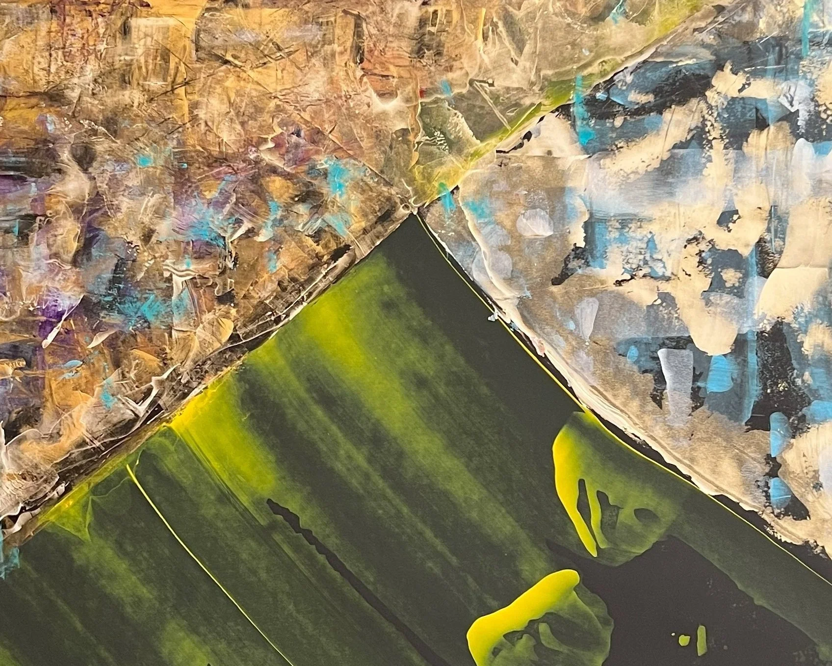 Center detail of Infinity featuring intersecting geometric forms, textured abstract surfaces, green and blue color fields, and expressive contemporary brushwork.