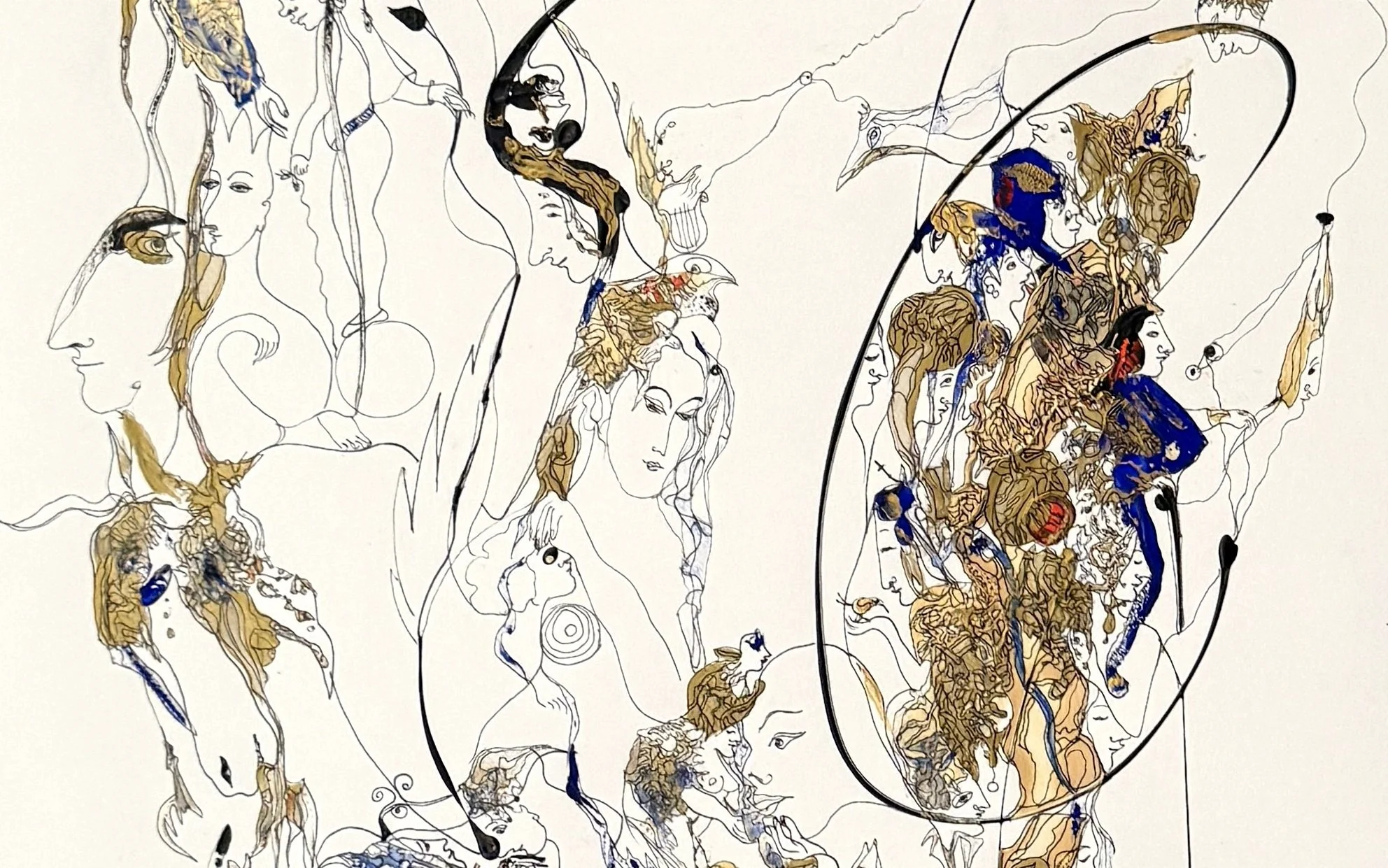 Center left detail of Transformed Poetry of Consciousness highlighting expressive faces, hidden figures, flowing black line, and symbolic contemporary imagery.