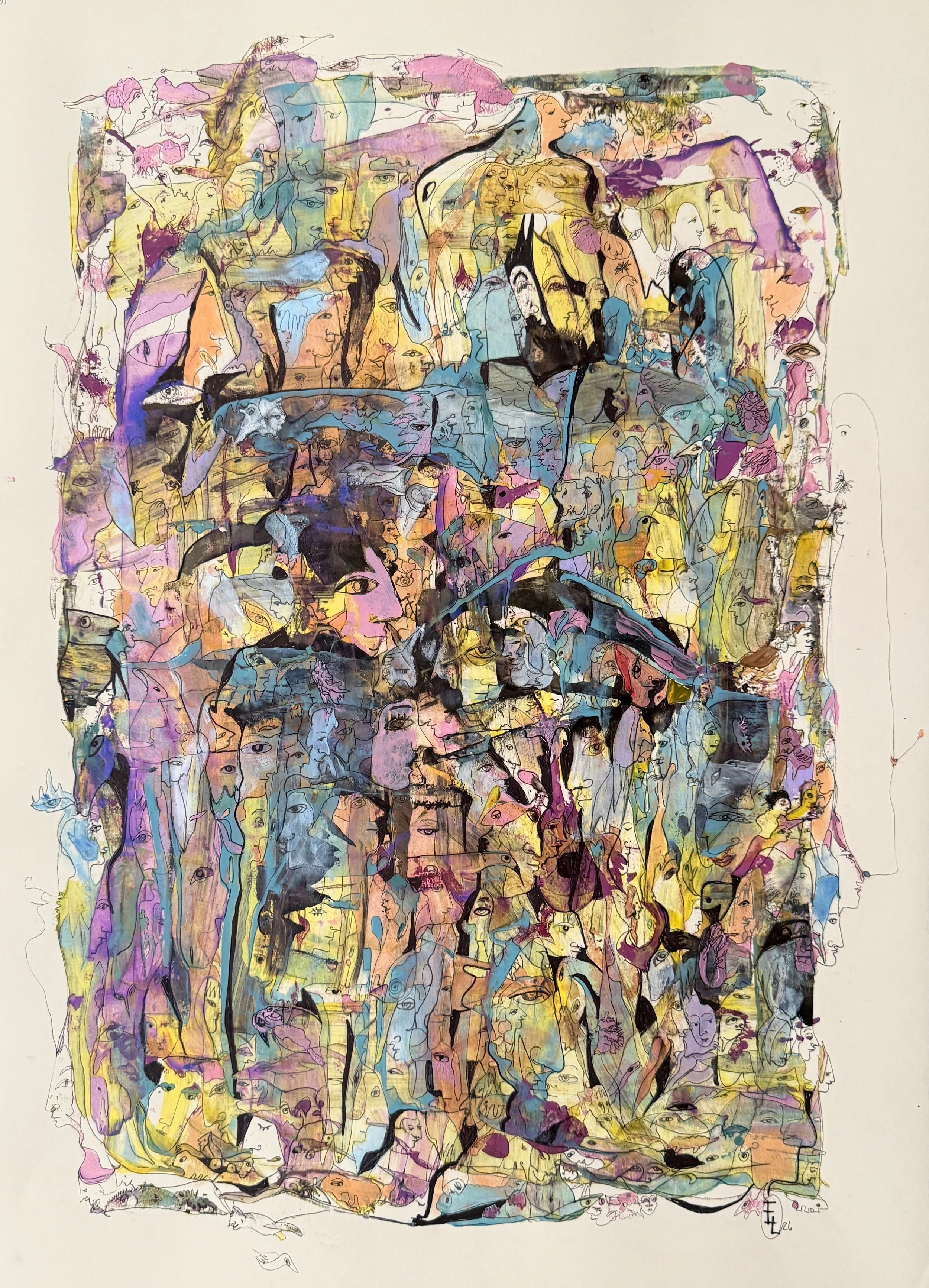 Solo for Night Guitar by Yelena Lezhen, contemporary surreal portrait with hidden faces, birds, symbolic figures, bold black lines, and blue, gold, and violet tones inspired by music.