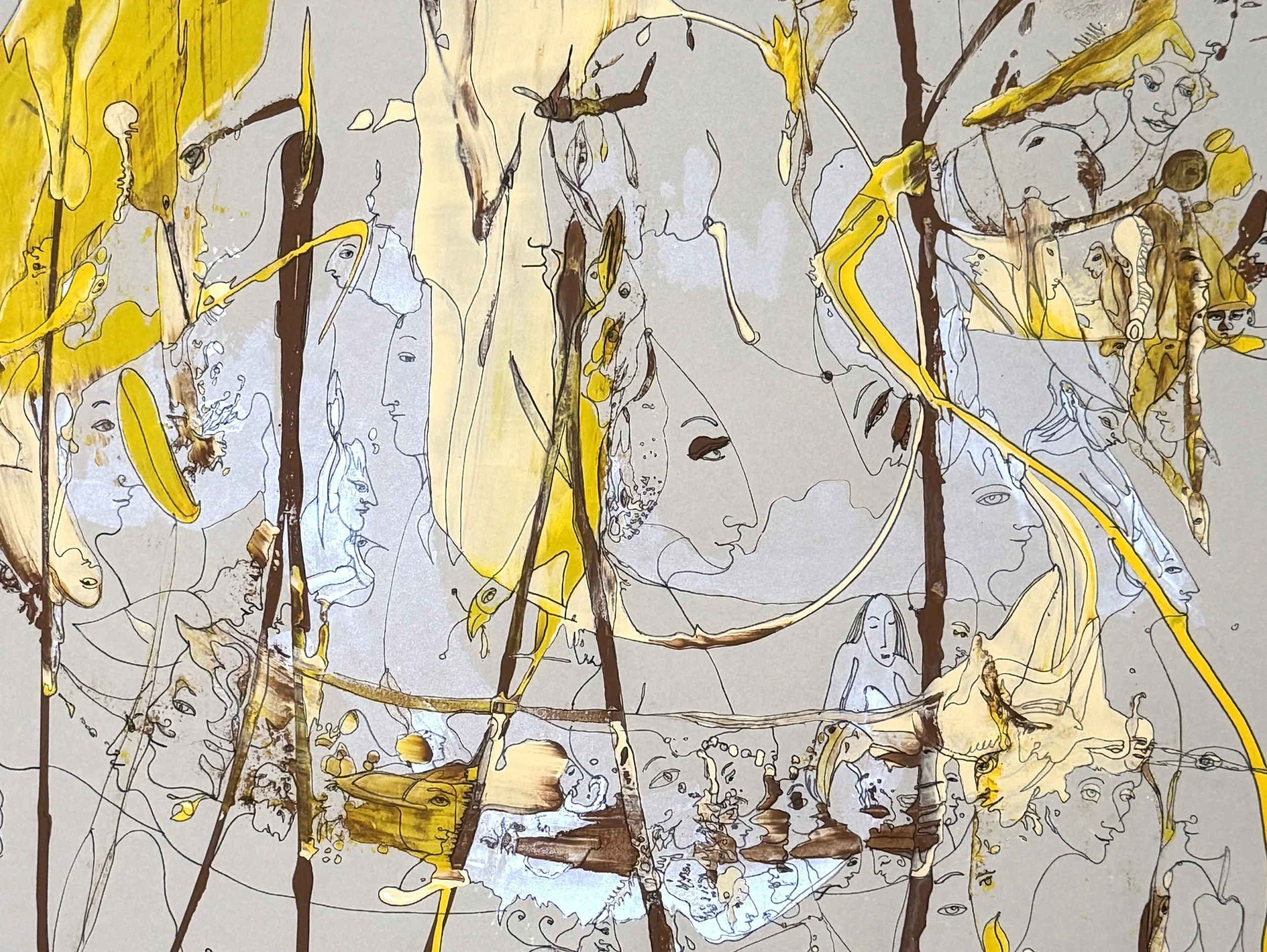 Center detail of The Architecture of Memory showing symbolic faces, architectural lines, birds, and layered acrylic and ink forms in gold and pale blue.