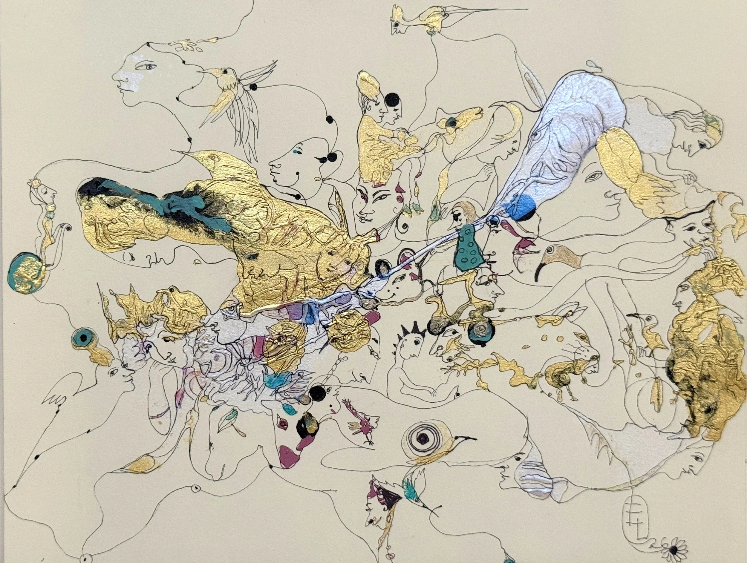 Anatomy of the Invisible, original acrylic and ink painting on paper by Yelena Lezhen featuring symbolic faces, birds, organic forms, and gold accents in a dreamlike visionary composition.