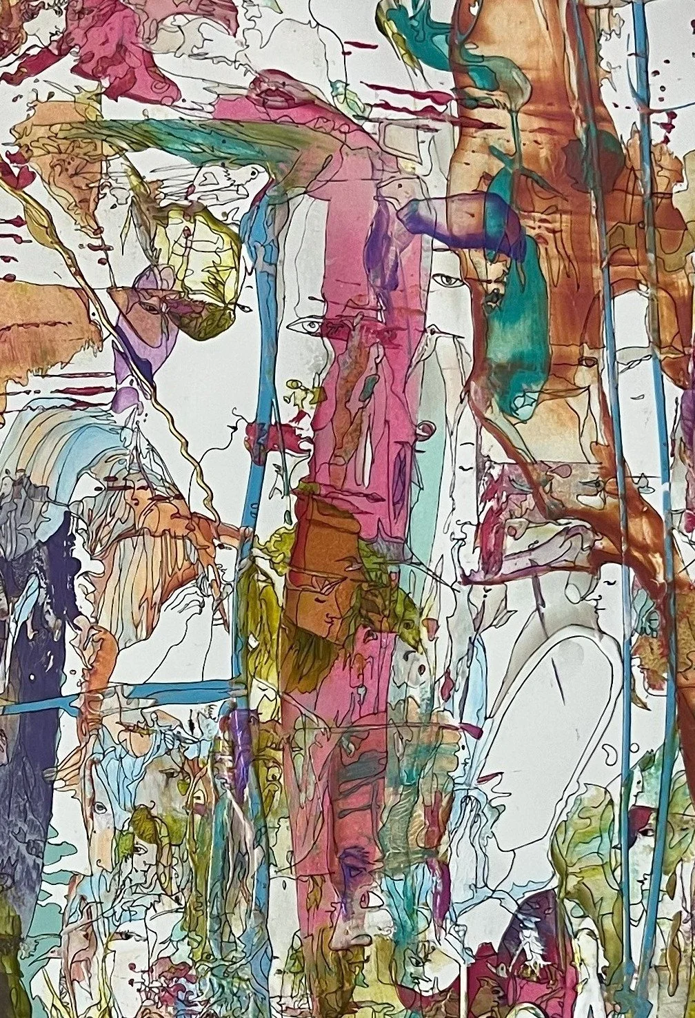 Center detail of Outlanders featuring hidden faces, symbolic figures, flowing ink lines, and layered abstract forms in earthy pink, turquoise, and violet tones.