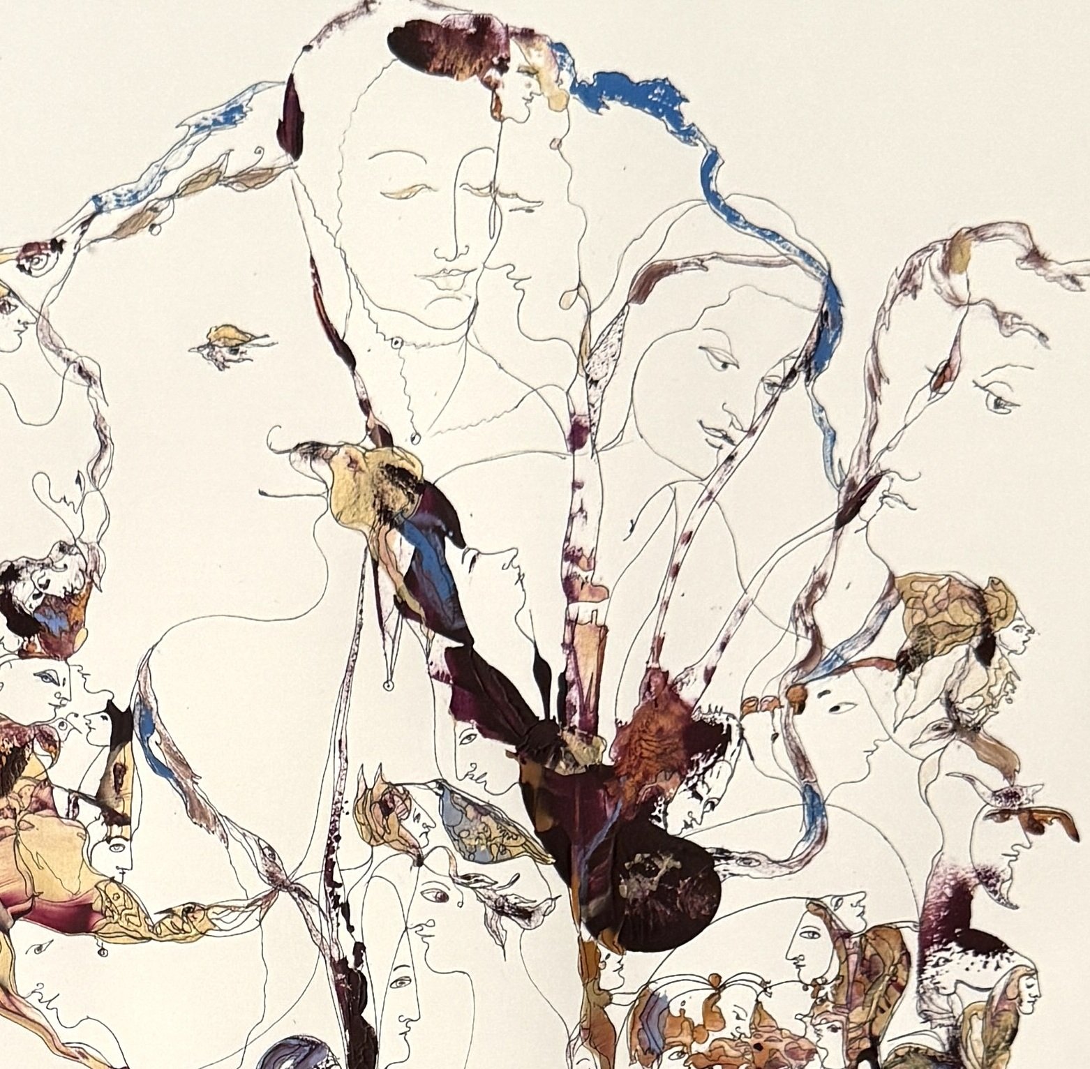 Center top detail of Harmonious Expression of Emotions highlighting serene portrait faces, expressive line work, and symbolic abstract forms.