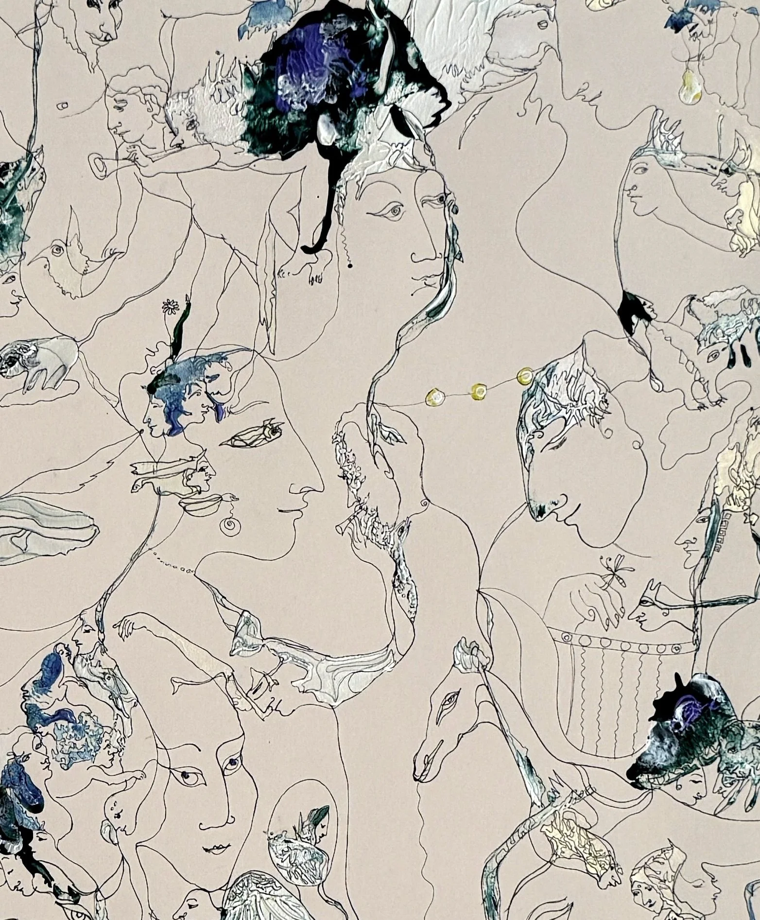 Center detail of Intimacy of Emotion featuring expressive portrait profiles, symbolic figures, delicate line work, and surreal figurative imagery.