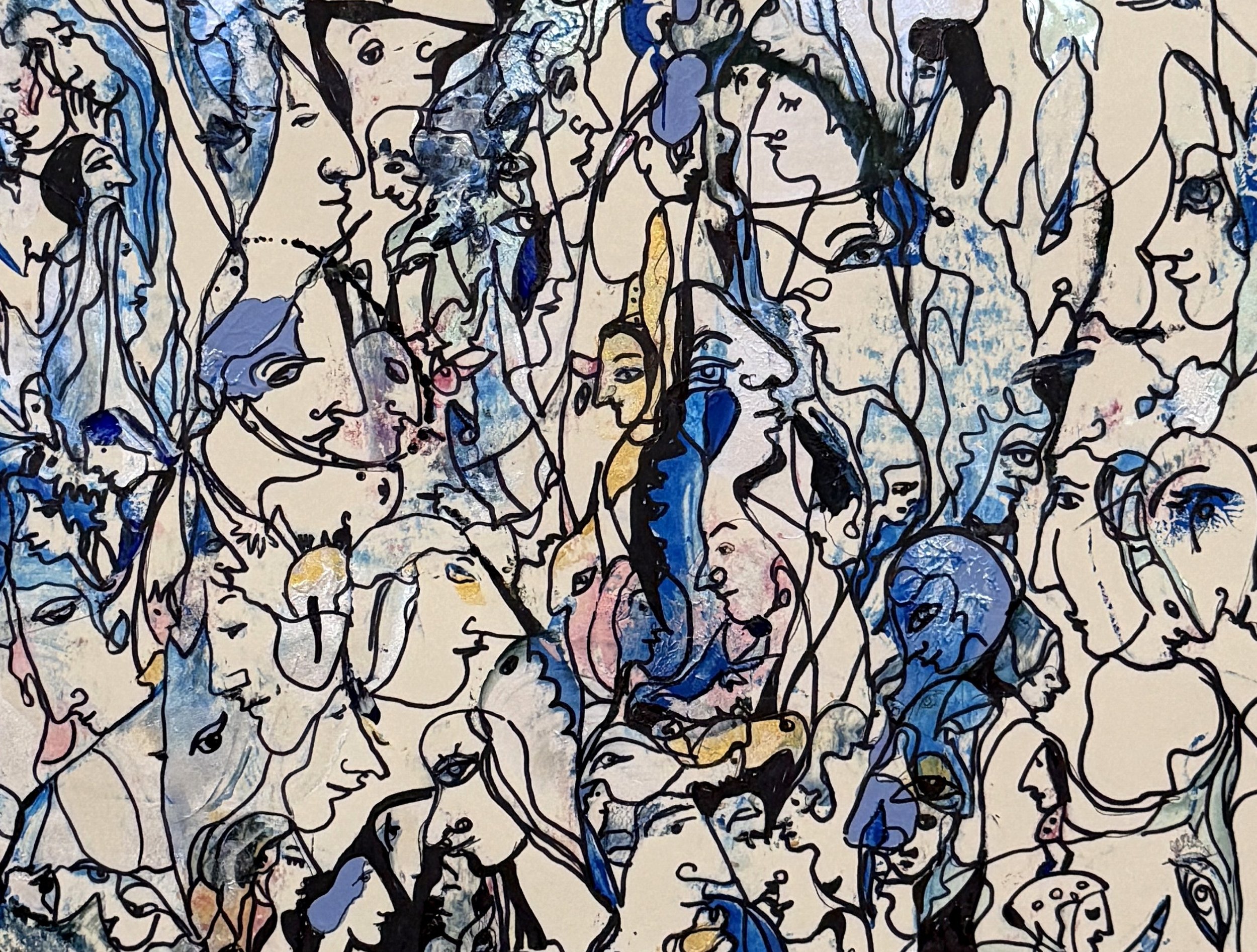 Center detail of The Forest of Faces showing layered symbolic faces, birds, expressive ink lines, and blue abstract forms representing human connection.