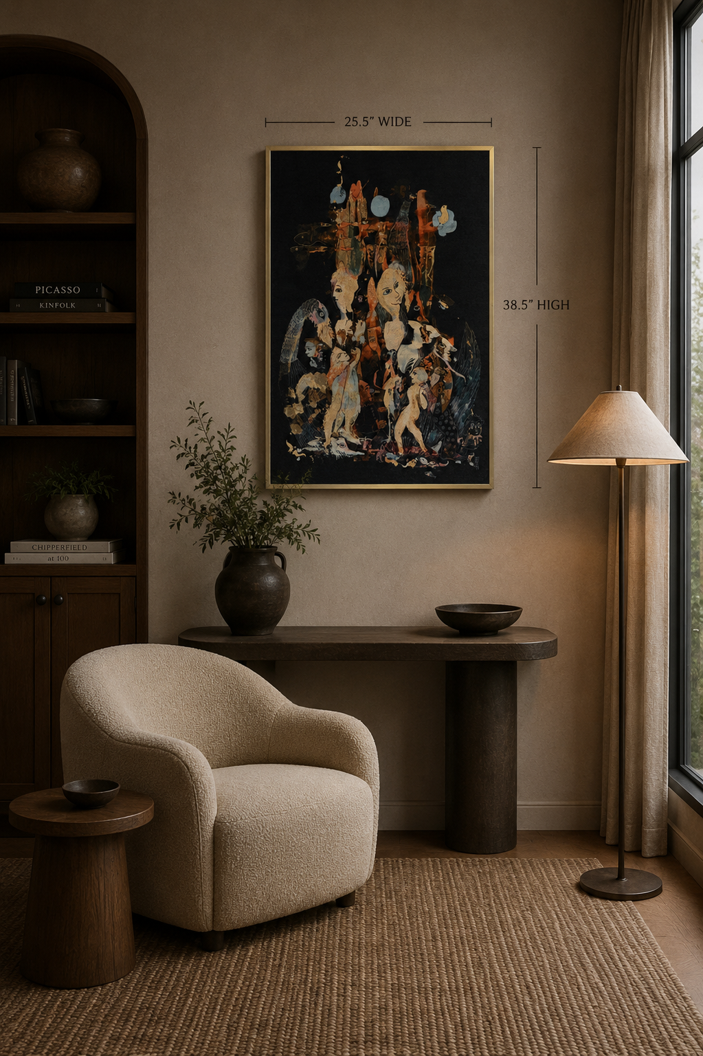 Framed limited edition tapestry "Two Princes" displayed in a contemporary reading room above a console table, dimensions 38.5 × 25.5 inches.