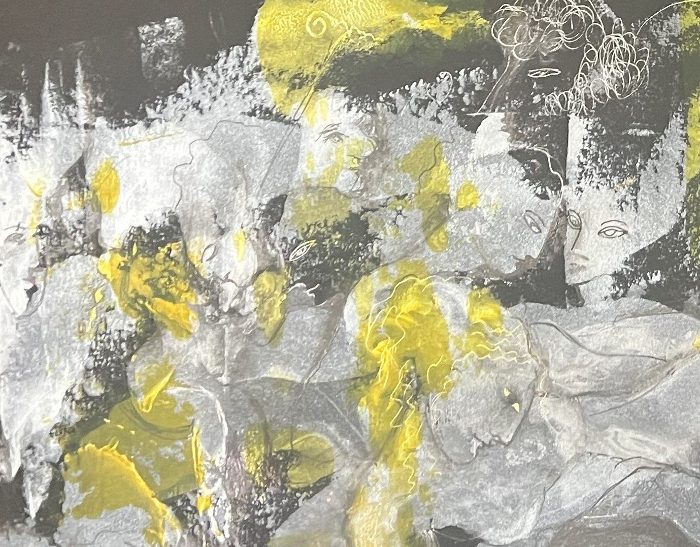 Center-left detail of Illusions in Silver featuring layered hidden portraits, abstract silver forms, and glowing yellow highlights with symbolic figurative imagery.