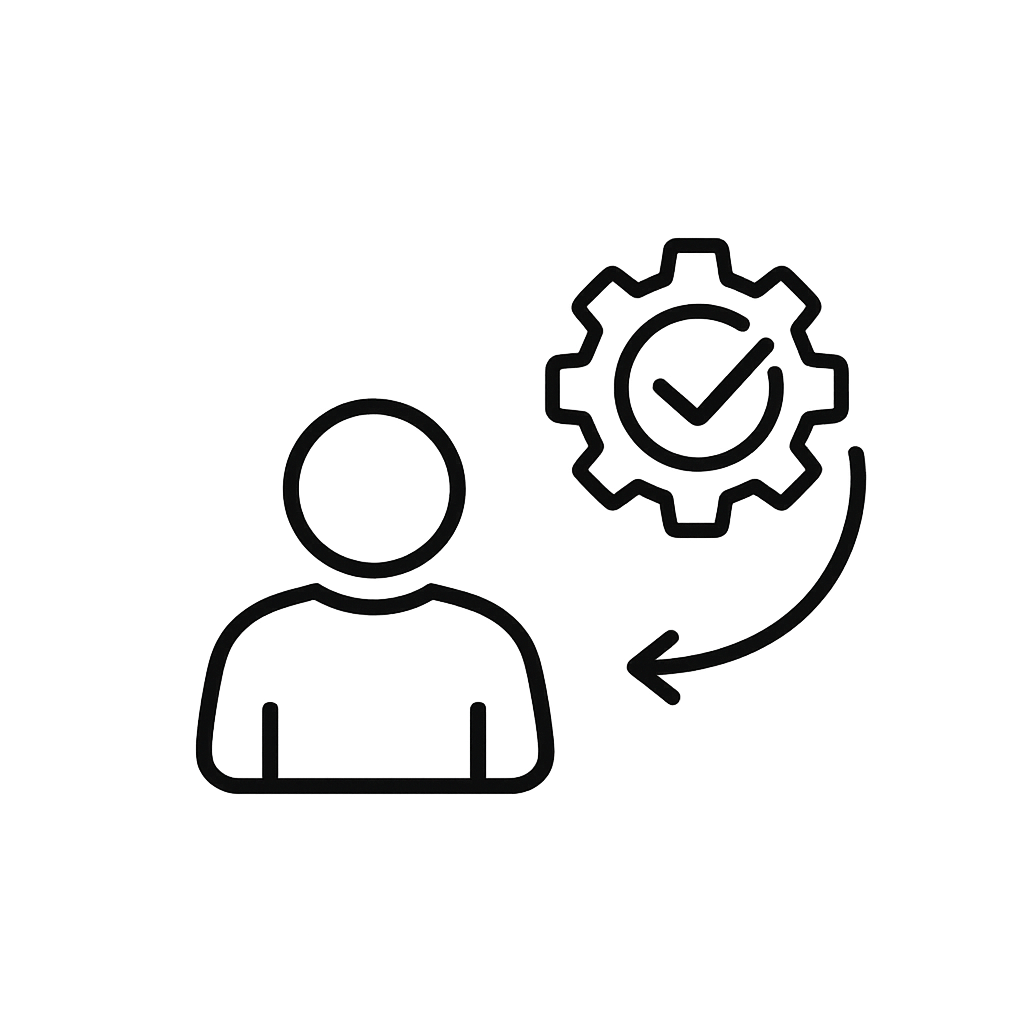 Outline of a person with a gear and checkmark symbol, indicating task completion or user management.
