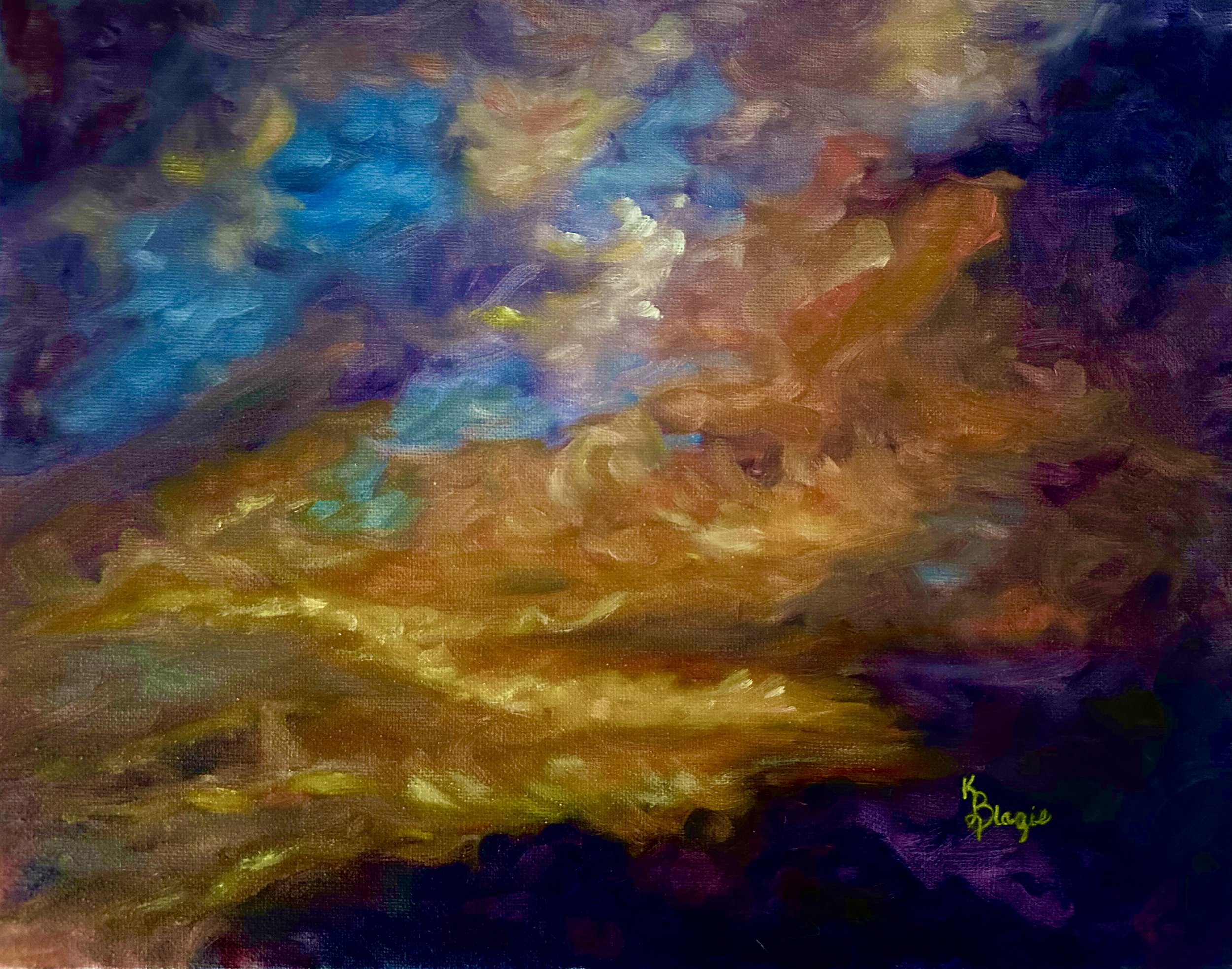 An abstract painting of a sky with vibrant swirling colors, including blue, gold, orange, and purple, resembling a dramatic sunset or stormy sky.