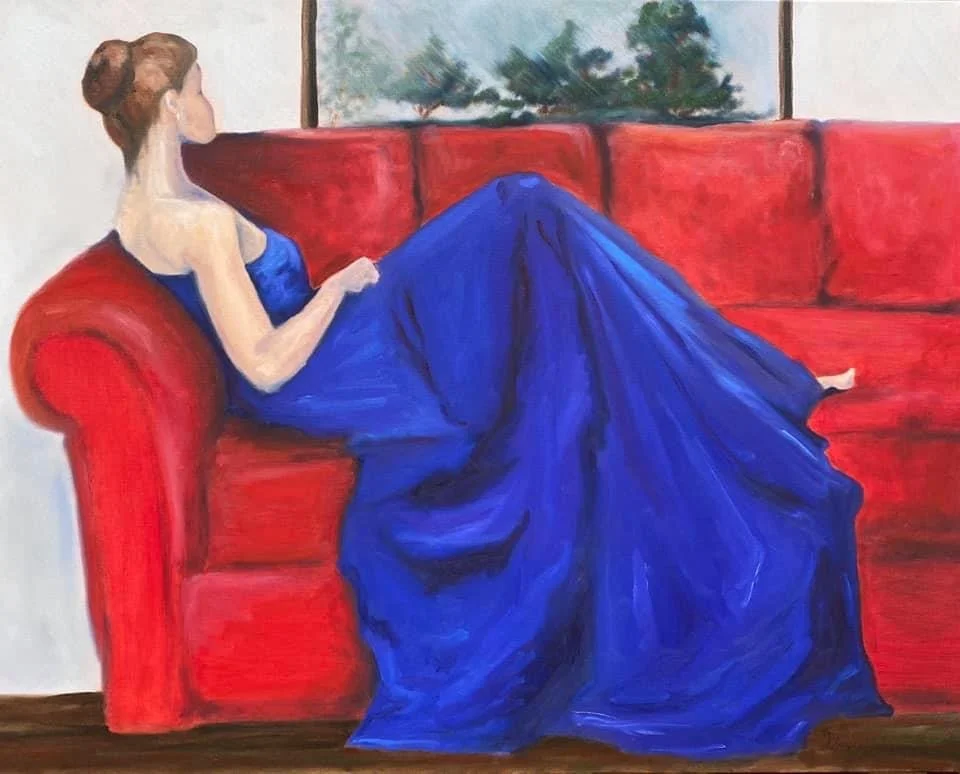 A painting of a woman gazing out the rain-drenched window after a night out at a gala.