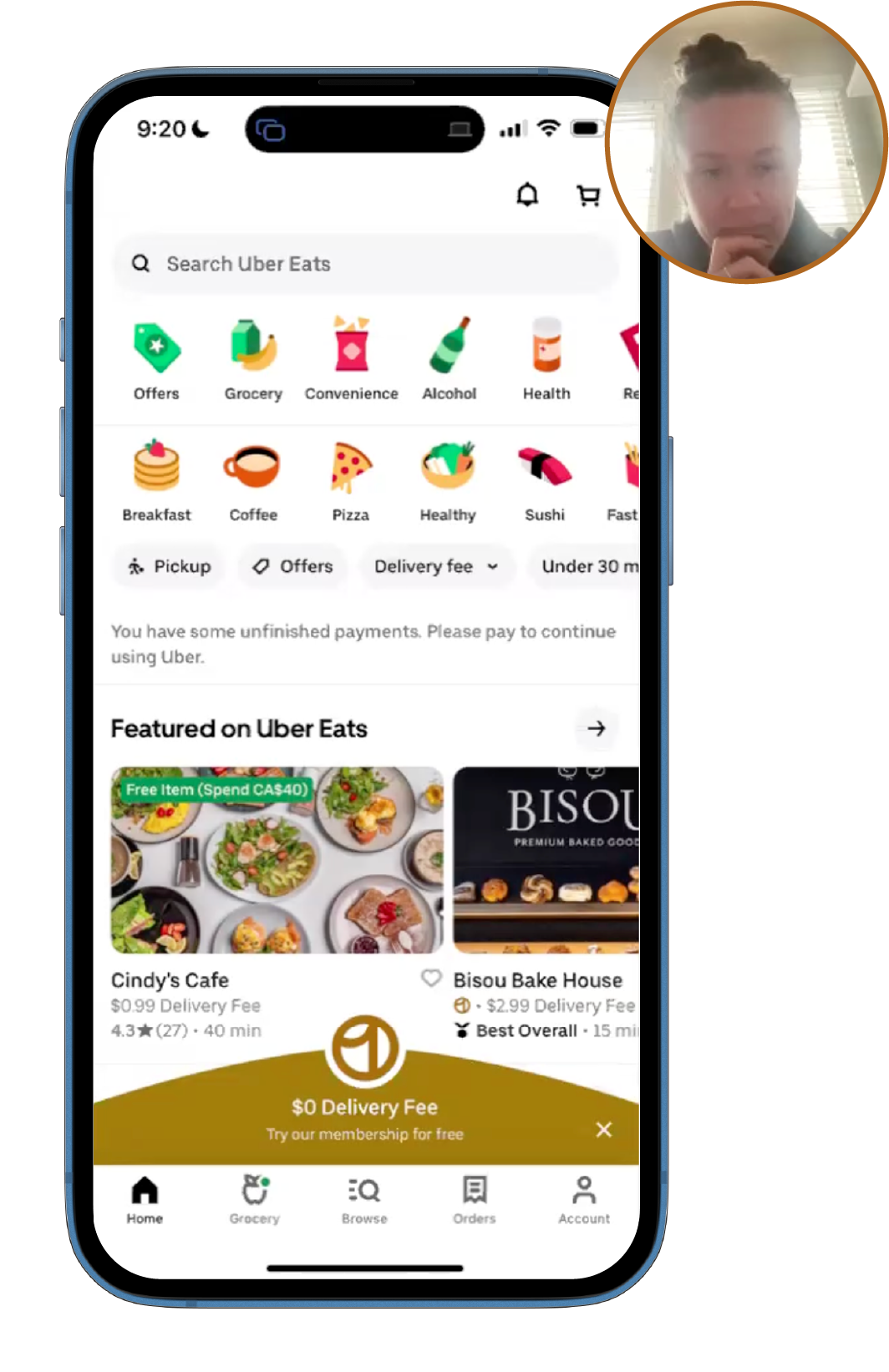 Smartphone screen displaying the Uber Eats app homepage. Usability test