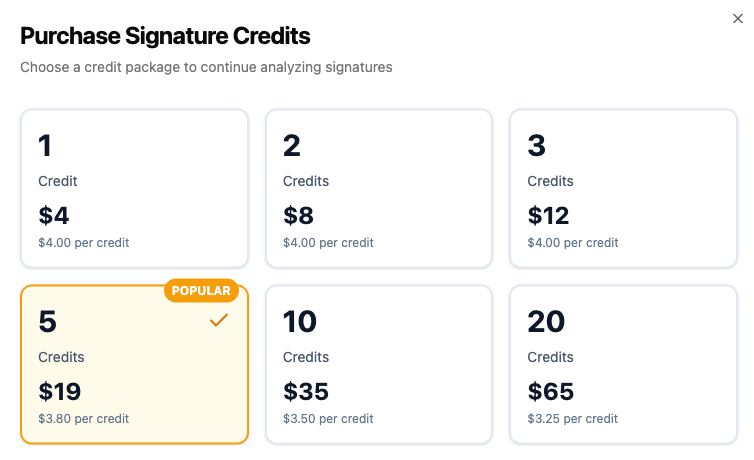 A screenshot of a purchase signature credits menu showing options for 1, 2, 3, 5, 10, and 20 credits with their respective prices, highlighting the 5 credits option as popular.