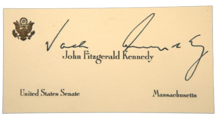 Business card with presidential seal, displaying the name John Fitzgerald Kennedy, with signatures and titles for United States Senate and Massachusetts.