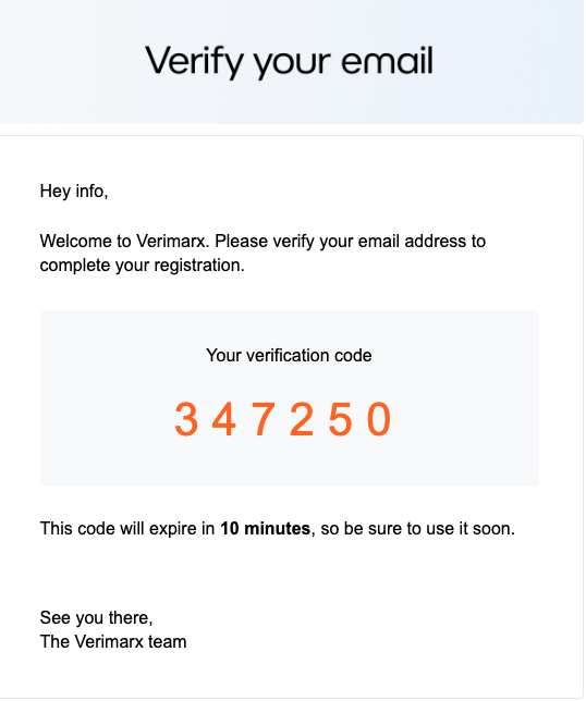 Email verification message from Verimaxy with a verification code '347250' that expires in 10 minutes.