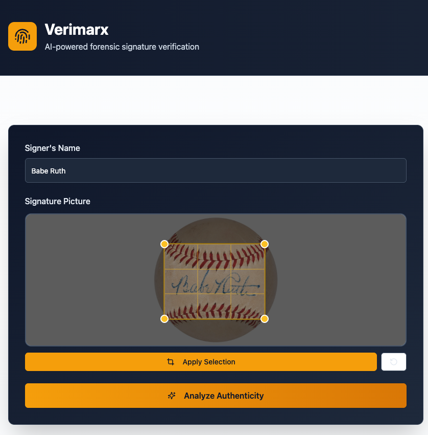 Screenshot of Verimax app verifying Babe Ruth's signature on a baseball, with signature picture and options to apply selection or analyze authenticity.