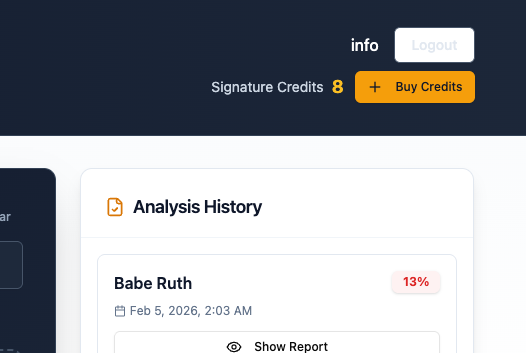 Screenshot of an online platform showing analysis history for a user named Babe Ruth with a date and time, and a percentage of 13%, along with options to show report and buy credits.
