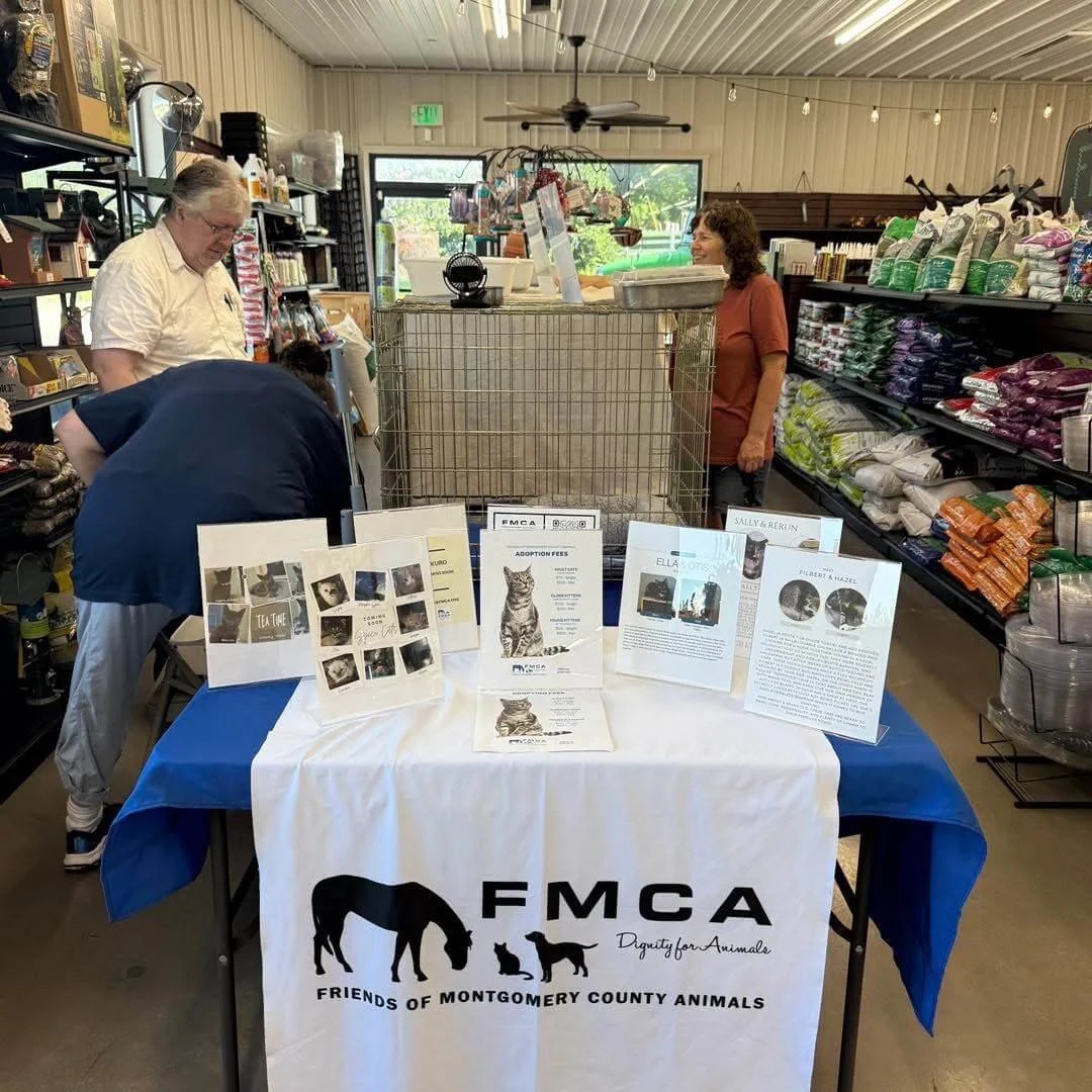 Table set up with flyers and information about cats for the Friends of Montgomery County Animals (FMCA) in a pet store, with shelves of pet supplies and people in the background.