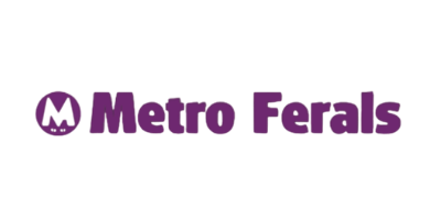 Metro Ferals logo with purple text and a cat face icon.