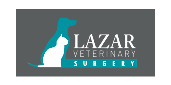 Lazar Veterinary Surgery logo featuring a stylized dog and cat silhouette in teal and white.