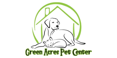 Logo of Green Acres Pet Center featuring a simple house drawing with a green outline and the name underneath.