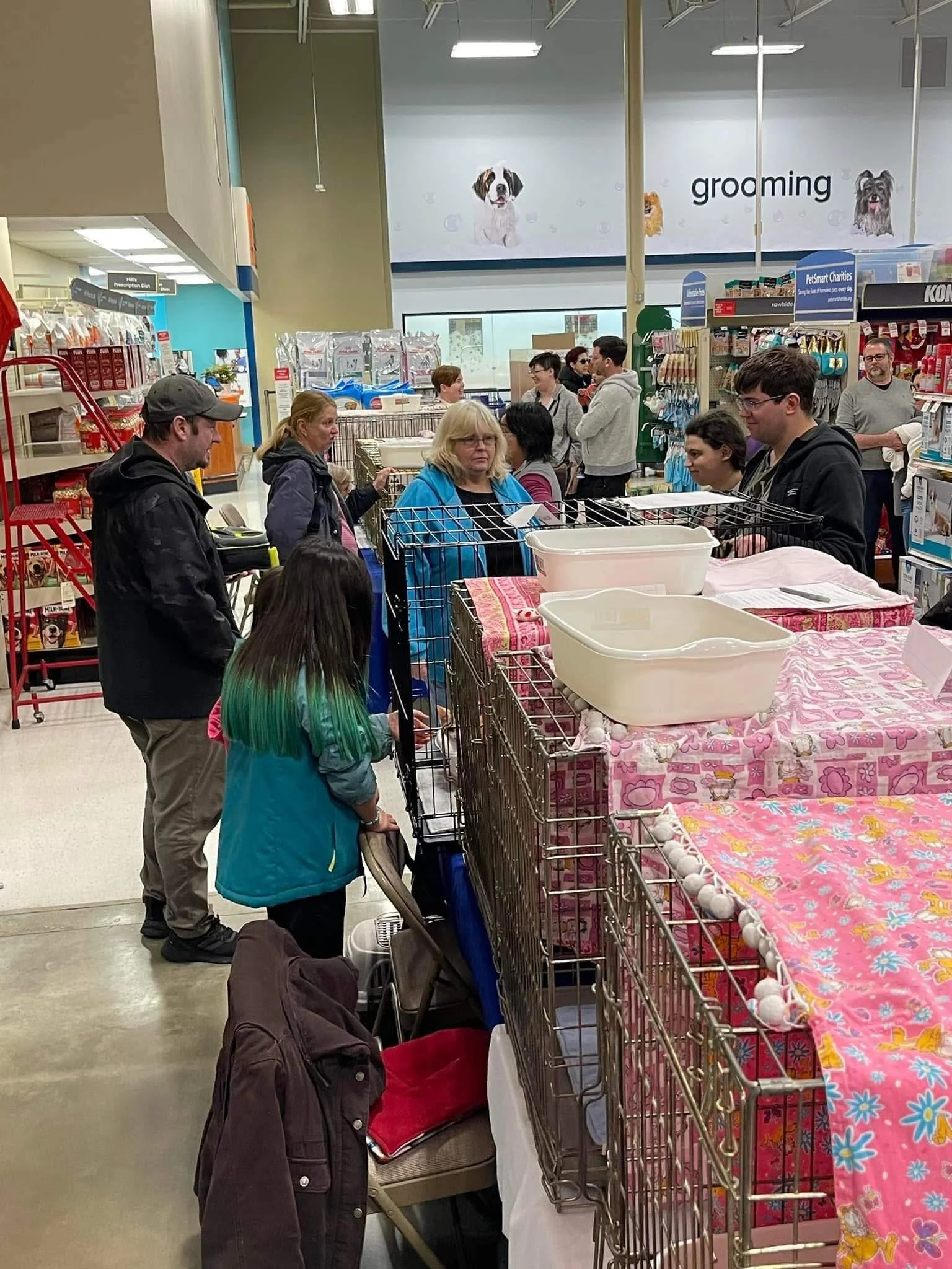 People standing in line at a pet store check-out counter, with a table of pet accessories and toys on display and a large poster of dogs in the background.