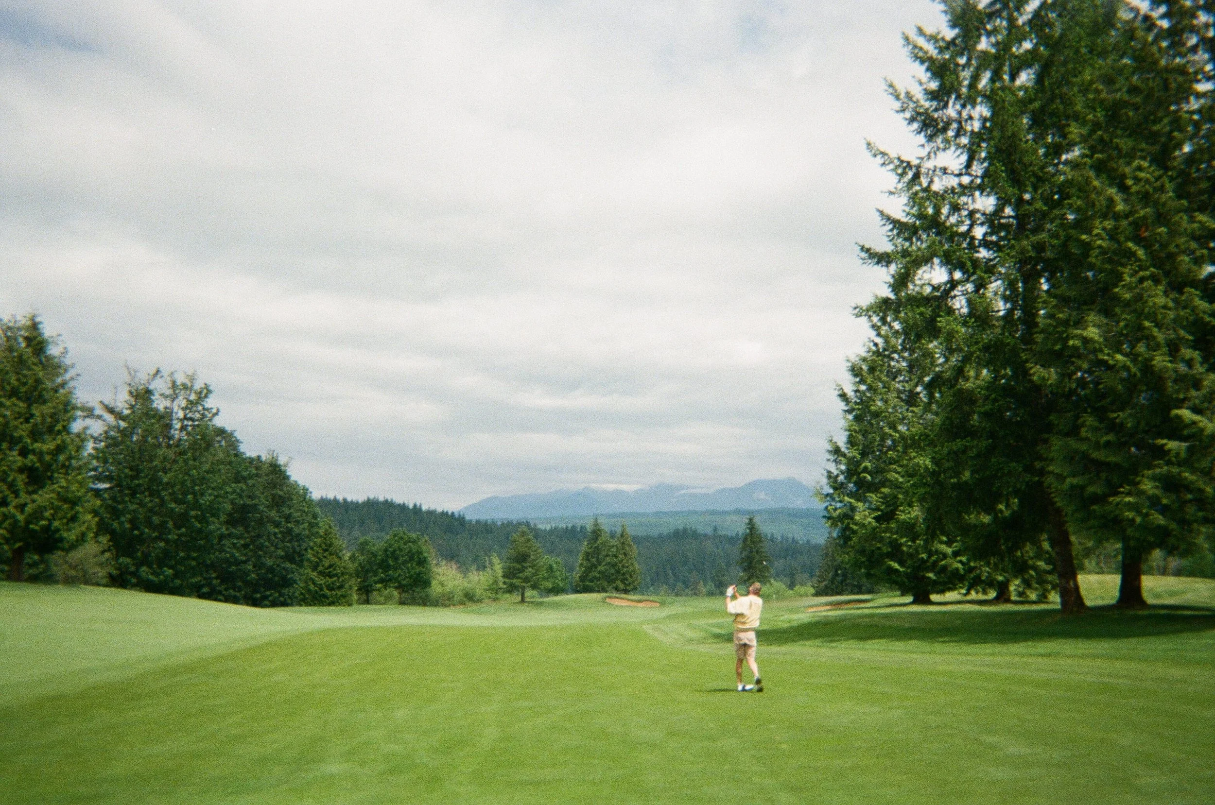 A person playing golf on a lush green golf course, with trees surrounding the area and mountains in the distance under a cloudy sky.