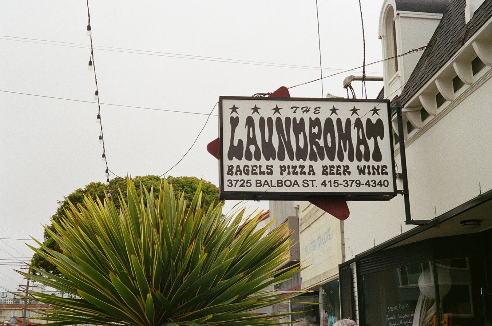 Sign for The Laundromat restaurant offering bagels, pizza, beer, and wine, located at 3725 Balboa Street, with phone number 415-379-4340, hanging above storefronts with a large green leafy plant in front.