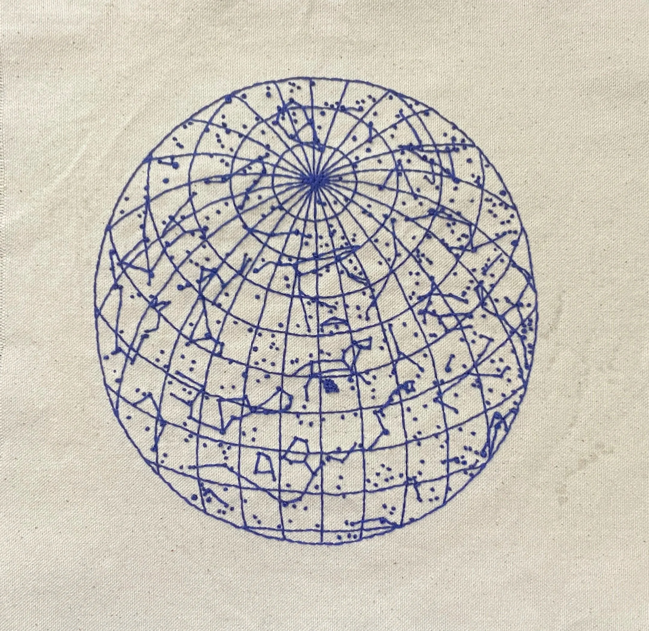 Detailed blue line embroidery of a constellation
