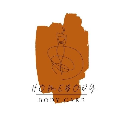 A stylized logo for Homebody Body Care with an abstract line drawing of a woman and a large brown brushstroke background.