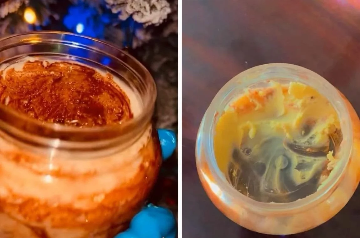 Left side shows a glass jar with a caramelized dessert and a blue glove holding it. Right side shows an empty jar with remnants of a yellowish substance inside.