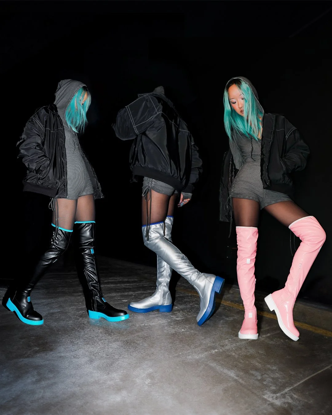 Hatsune Miku x KOI campaign, featuring a model wearing dystopian streetwear and thigh-high black/ blue, silver and pink faux leather long boots.