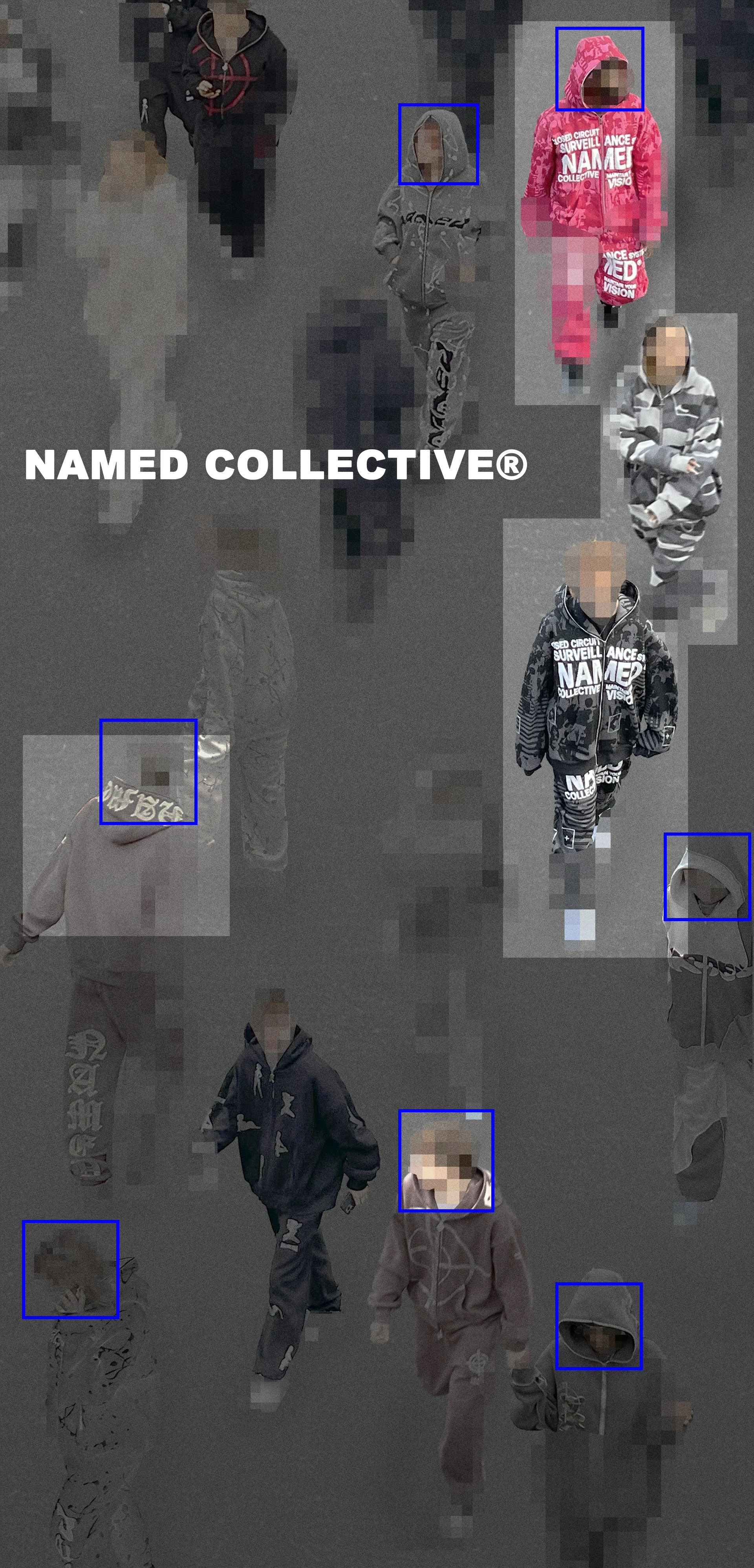 Named Collective “Surveillance” out-of-home campaign artwork featuring distorted CCTV-inspired imagery, pixelated figures in oversized streetwear and layered surveillance graphics across a dark industrial-style composition.