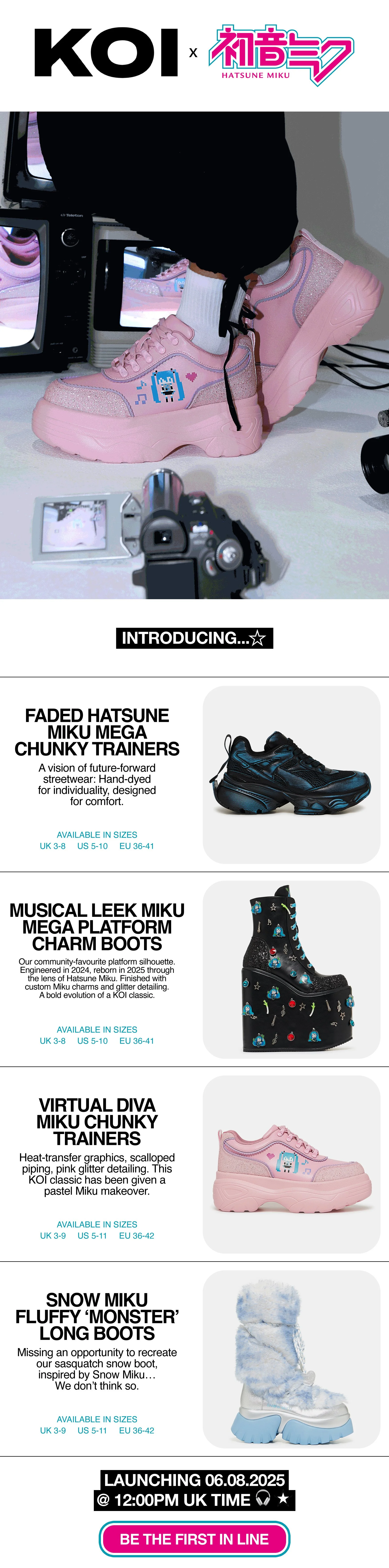 Hatsune Miku x KOI launch campaign CRM newsletter featuring cyber-pop inspired footwear design, digitally led product visuals and technology-driven creative direction.