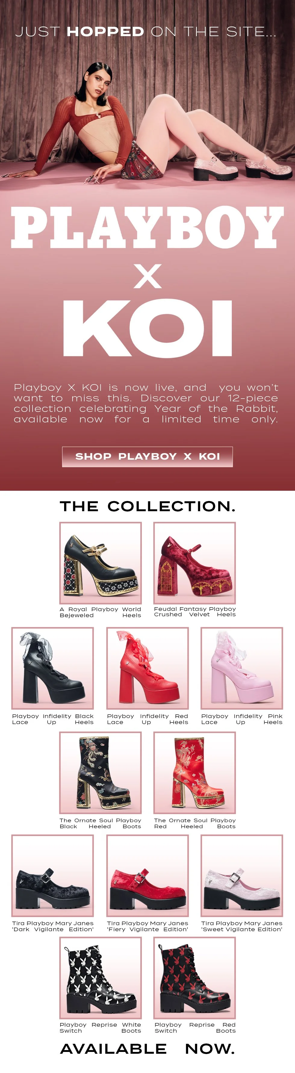 Playboy x KOI launch email newsletter featuring campaign imagery, theatrical velvet staging and a full product showcase celebrating the Year of the Rabbit-inspired 12-piece collection.