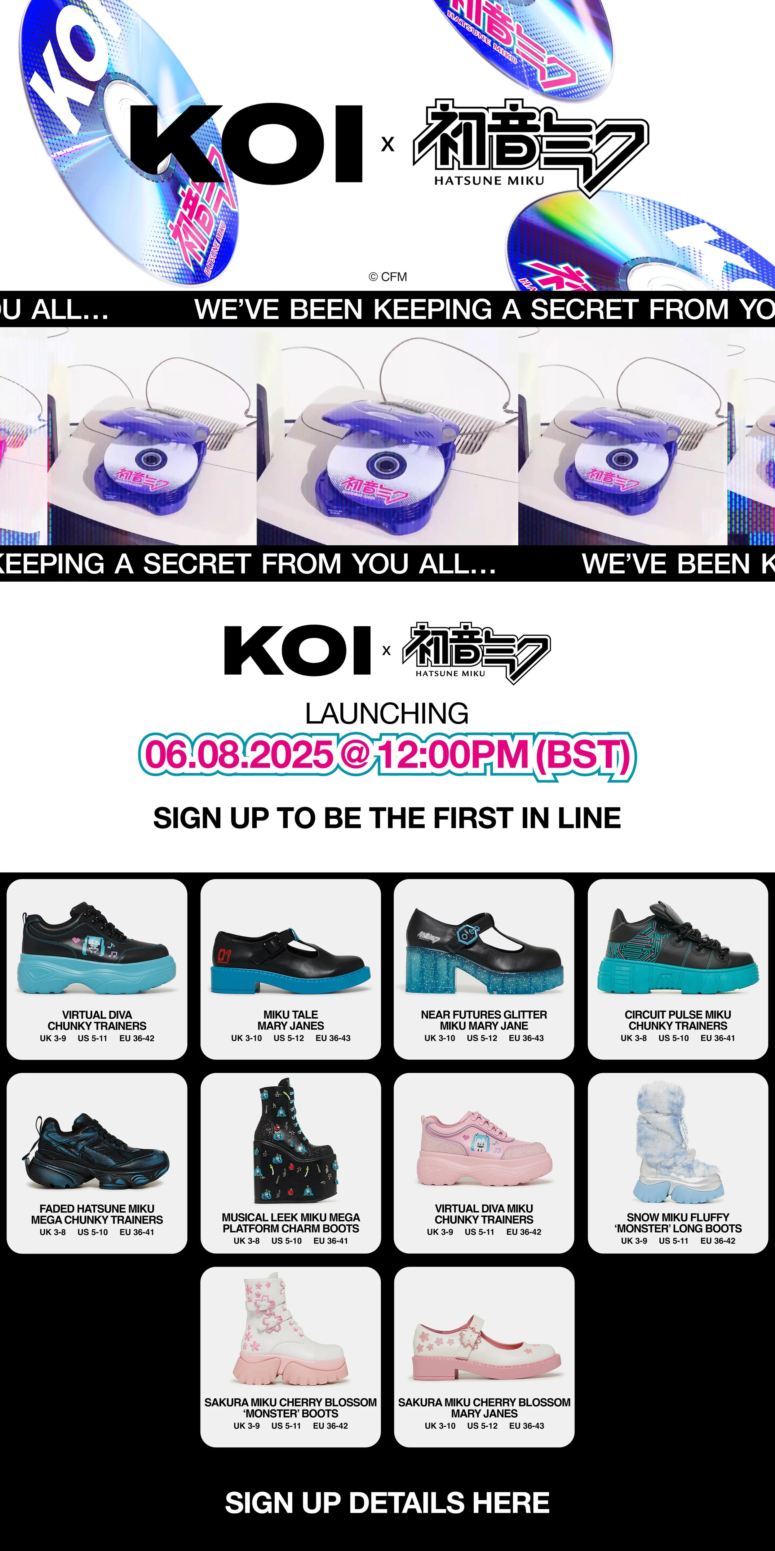 Launch campaign CRM newsletter for Hatsune Miku x KOI featuring cyber-pop inspired footwear visuals, analogue Y2K rendering and digitally led promotional design for social and retail rollout.