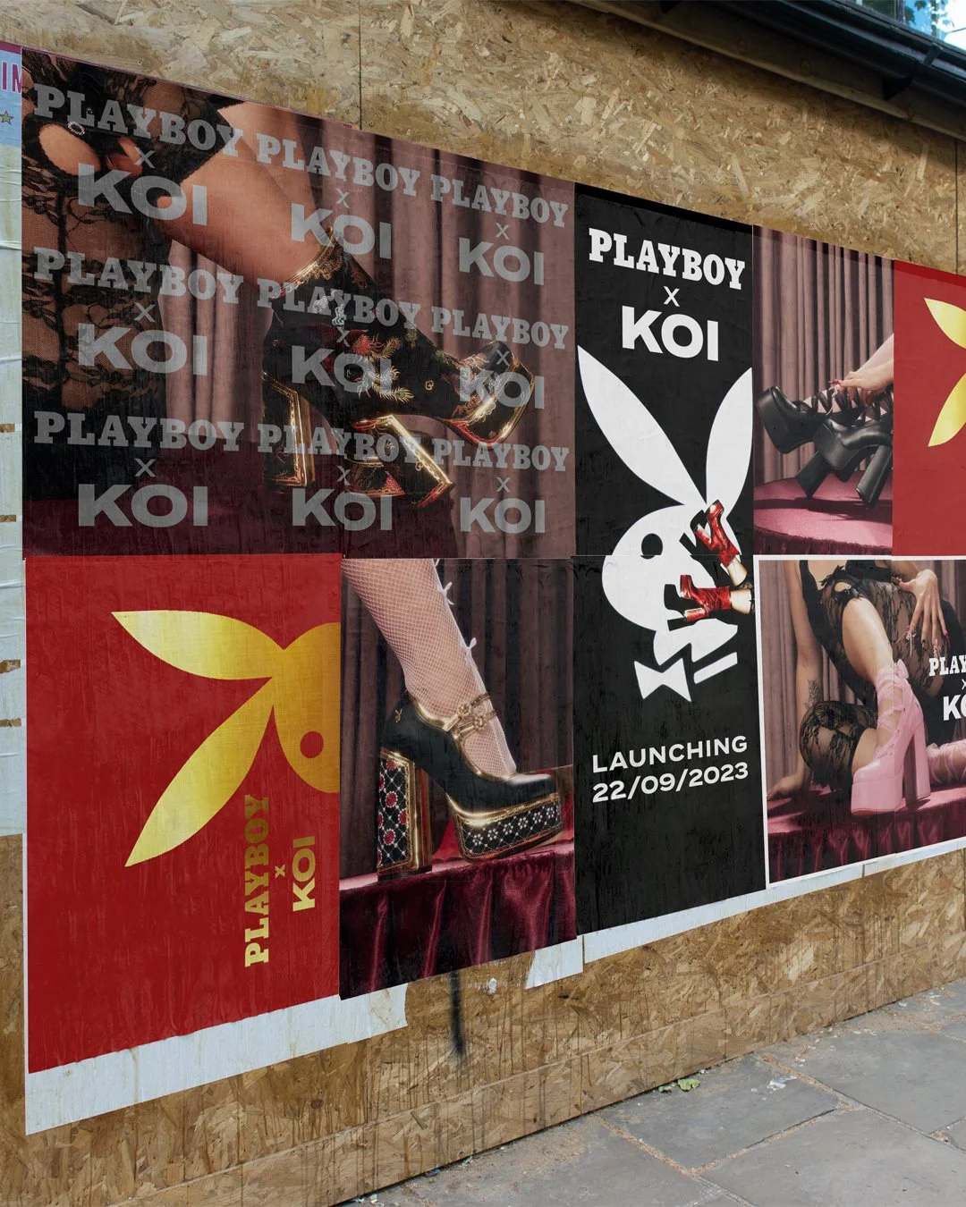 Campaign poster for Playboy x KOI celebrating Year of the Rabbit, featuring a collage of theatrical glamour-inspired footwear imagery, Playboy iconography and highly stylised product visuals displayed across a boarded street wall.
