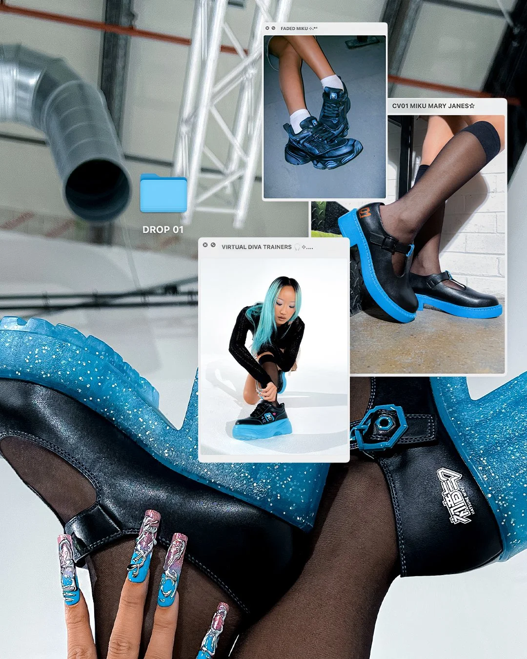 DROP 01 graphic treatment for the Hatsune Miku x KOI launch campaign, featuring digitally led visuals, on-foot product imagery and styled campaign photography inspired by cyber-pop and technology culture.