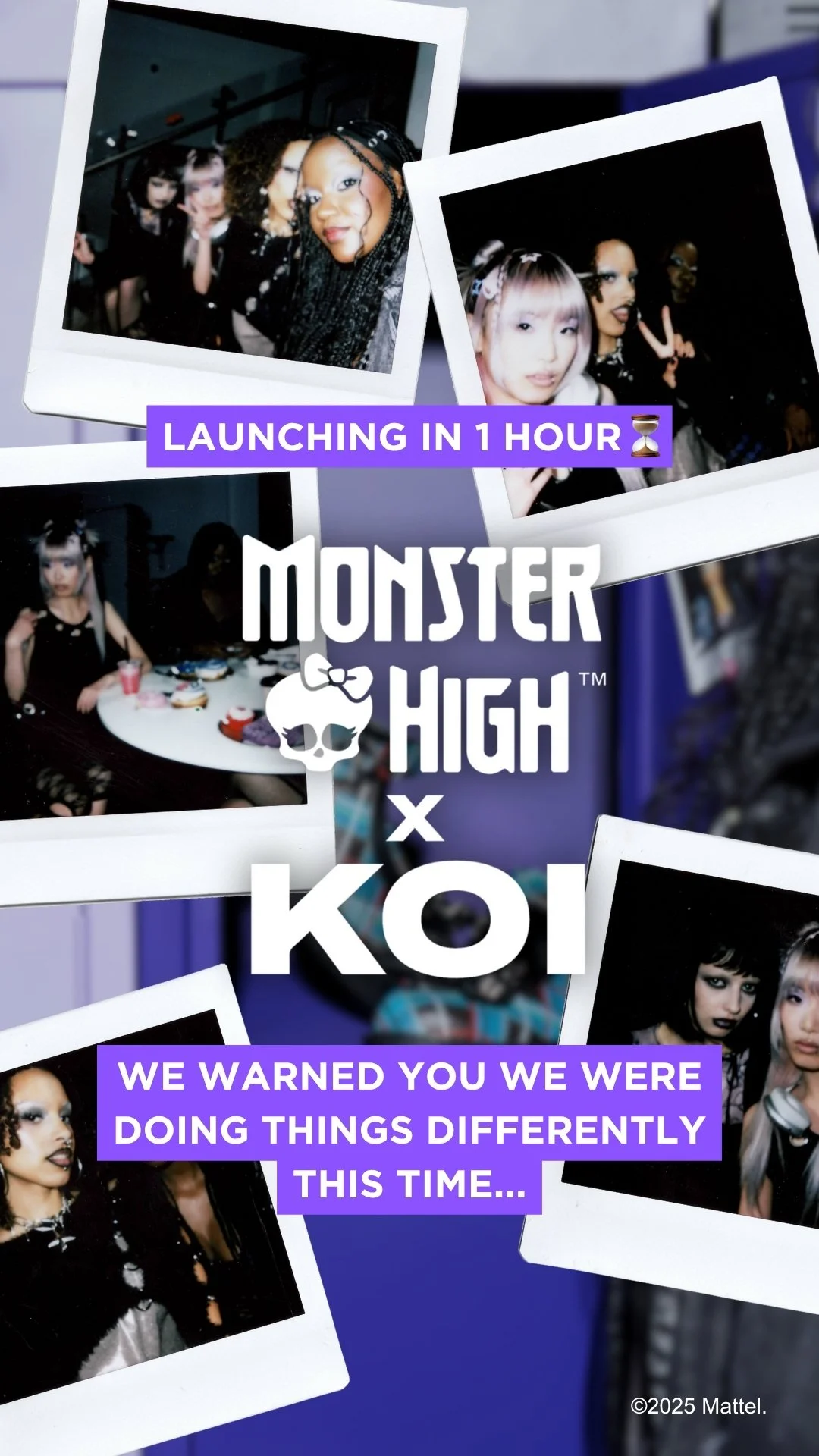 Monster High x KOI Instagram Story featuring polaroid-style backstage imagery, campaign cast photography and teaser messaging ahead of the collaboration launch.