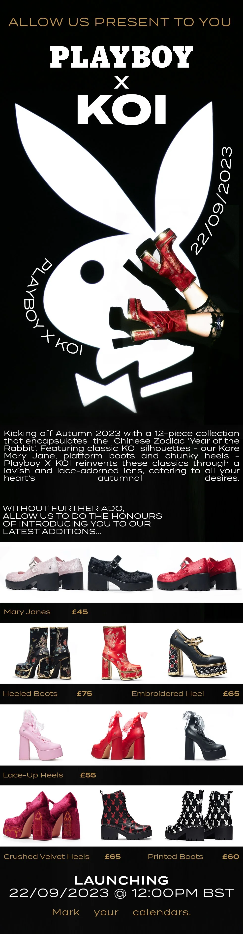 Playboy x KOI product reveal email newsletter featuring Playboy Bunny iconography, embroidered platform heels and campaign visuals introducing the collection ahead of launch.