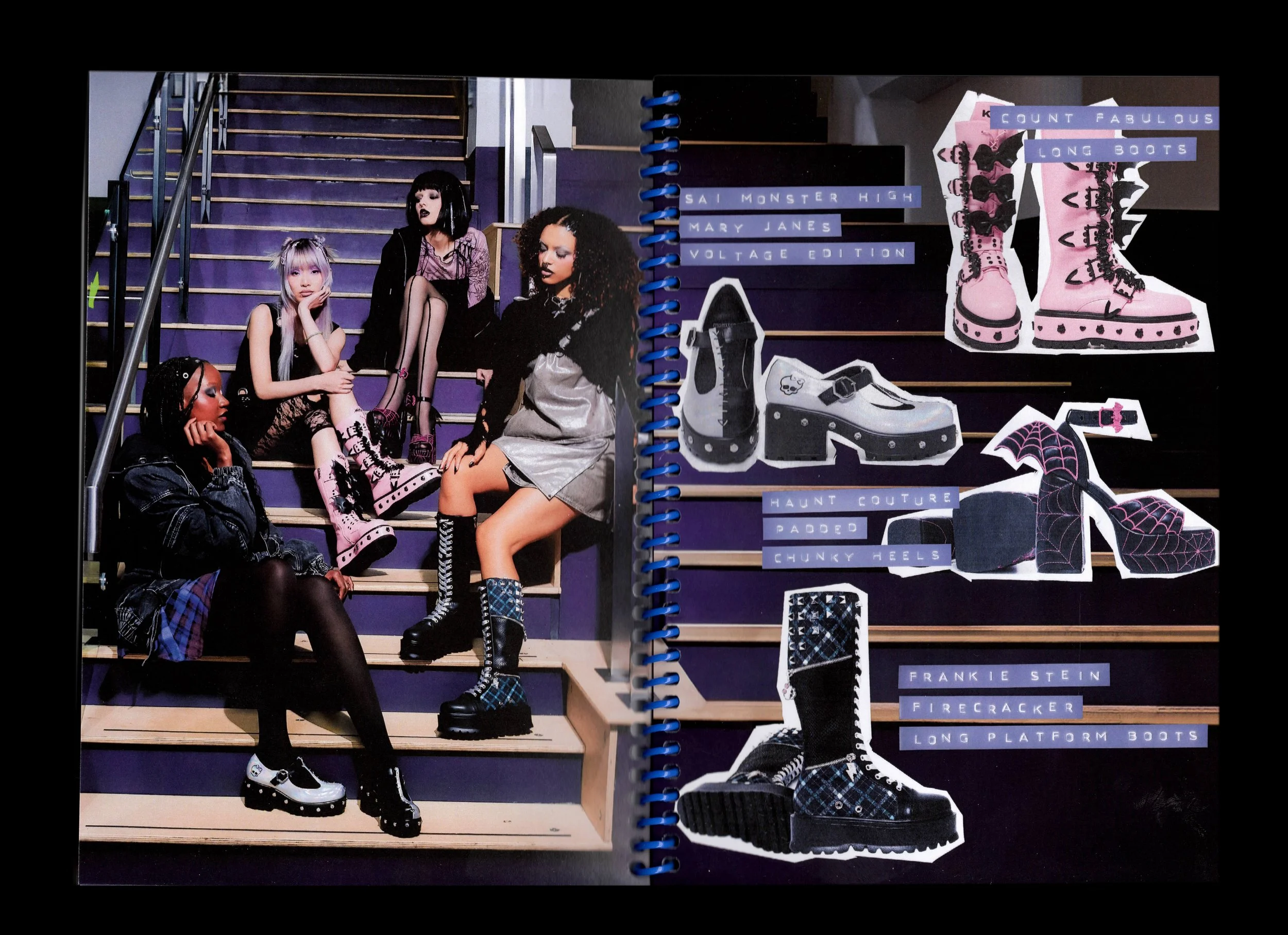 Monster High x KOI zine-inspired editorial layout featuring campaign imagery, character-inspired footwear designs and scrapbook-style product graphics.