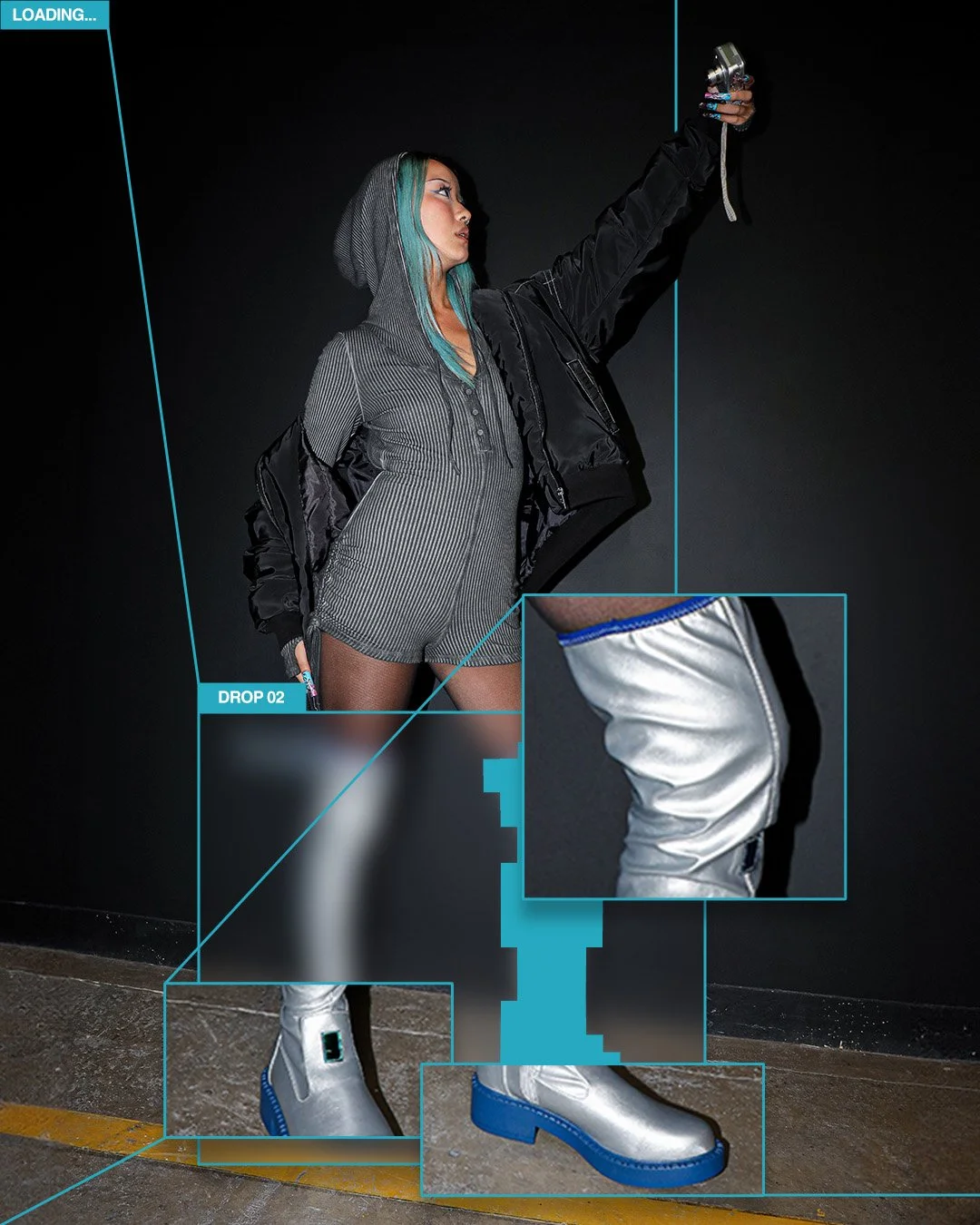 Hatsune Miku x KOI campaign imagery featuring dystopian streetwear styling, metallic thigh-high boots and digitally led graphic treatments inspired by technology and cyber-pop visuals.